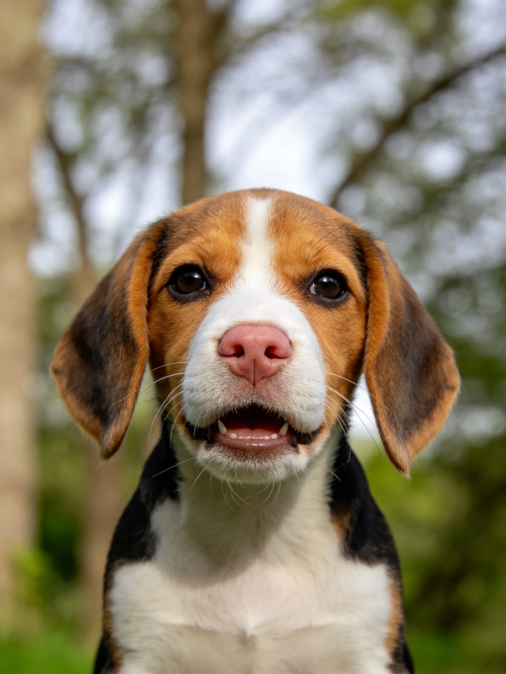 A tricolor beagle puppy with large floppy ears in a wooded outdoor area