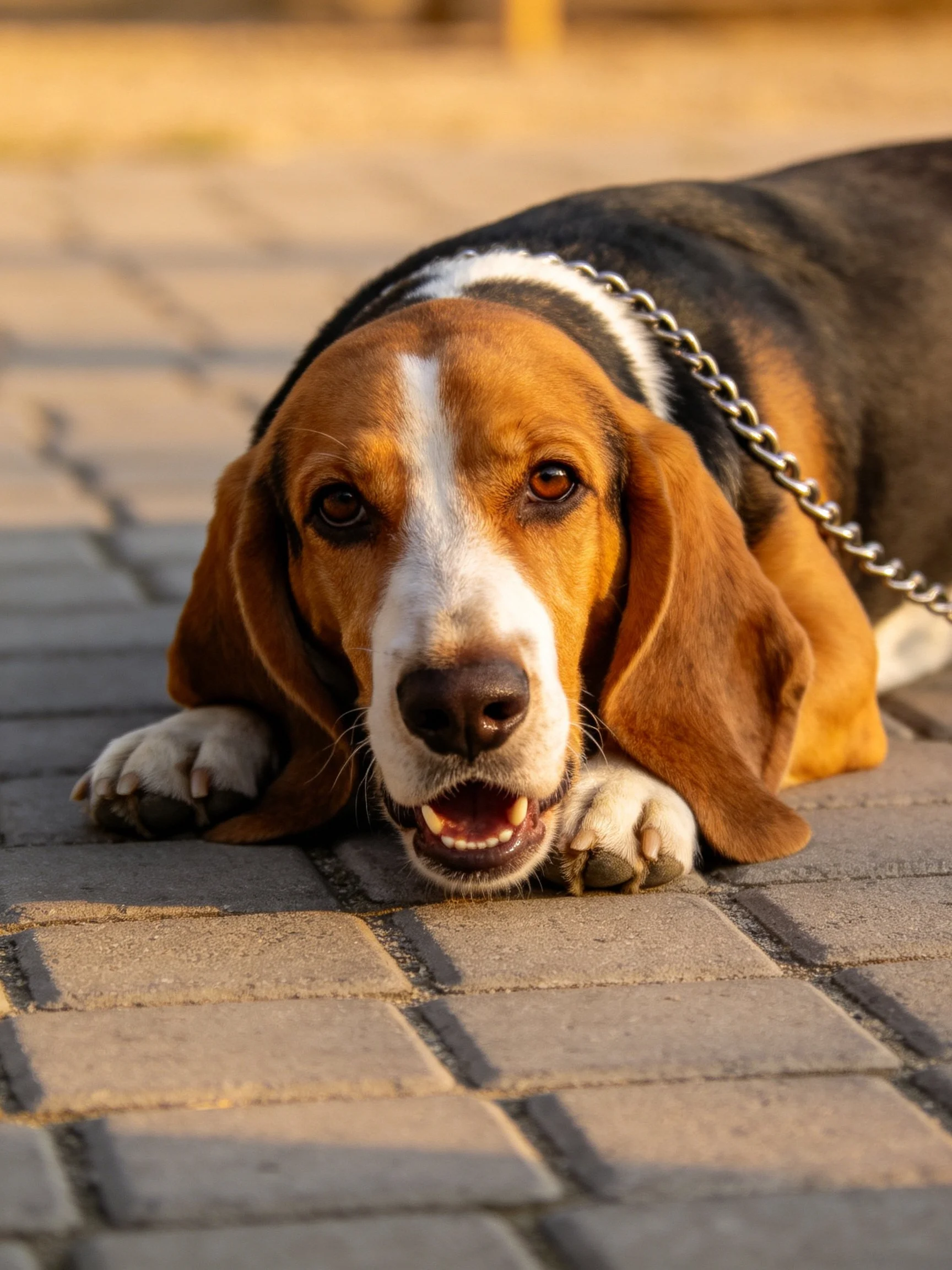 A tricolor beagle rests on a brick-paved walkway with a silver chain