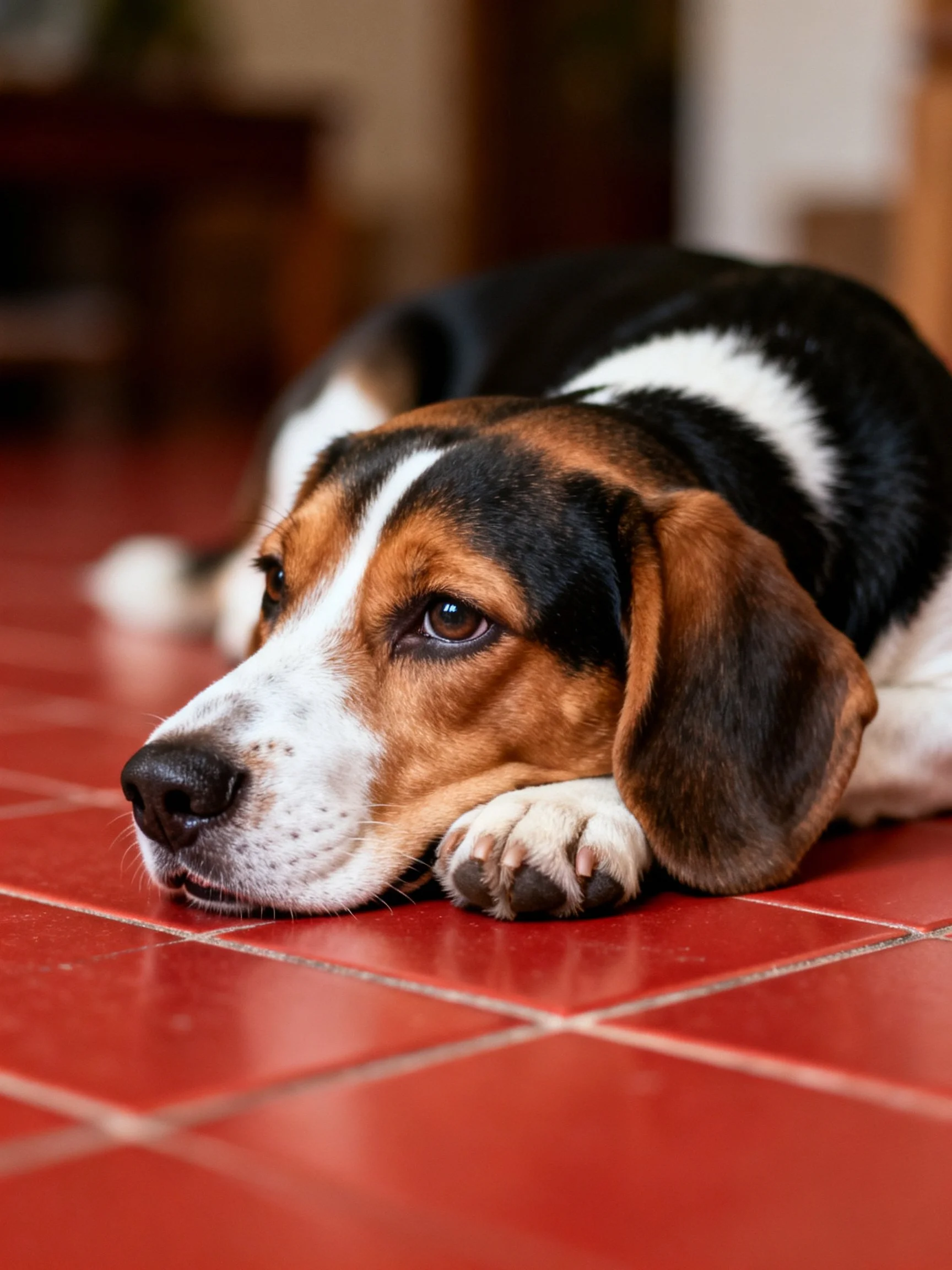 A tricolor beagle lies calmly on glossy red tiles inside a home.