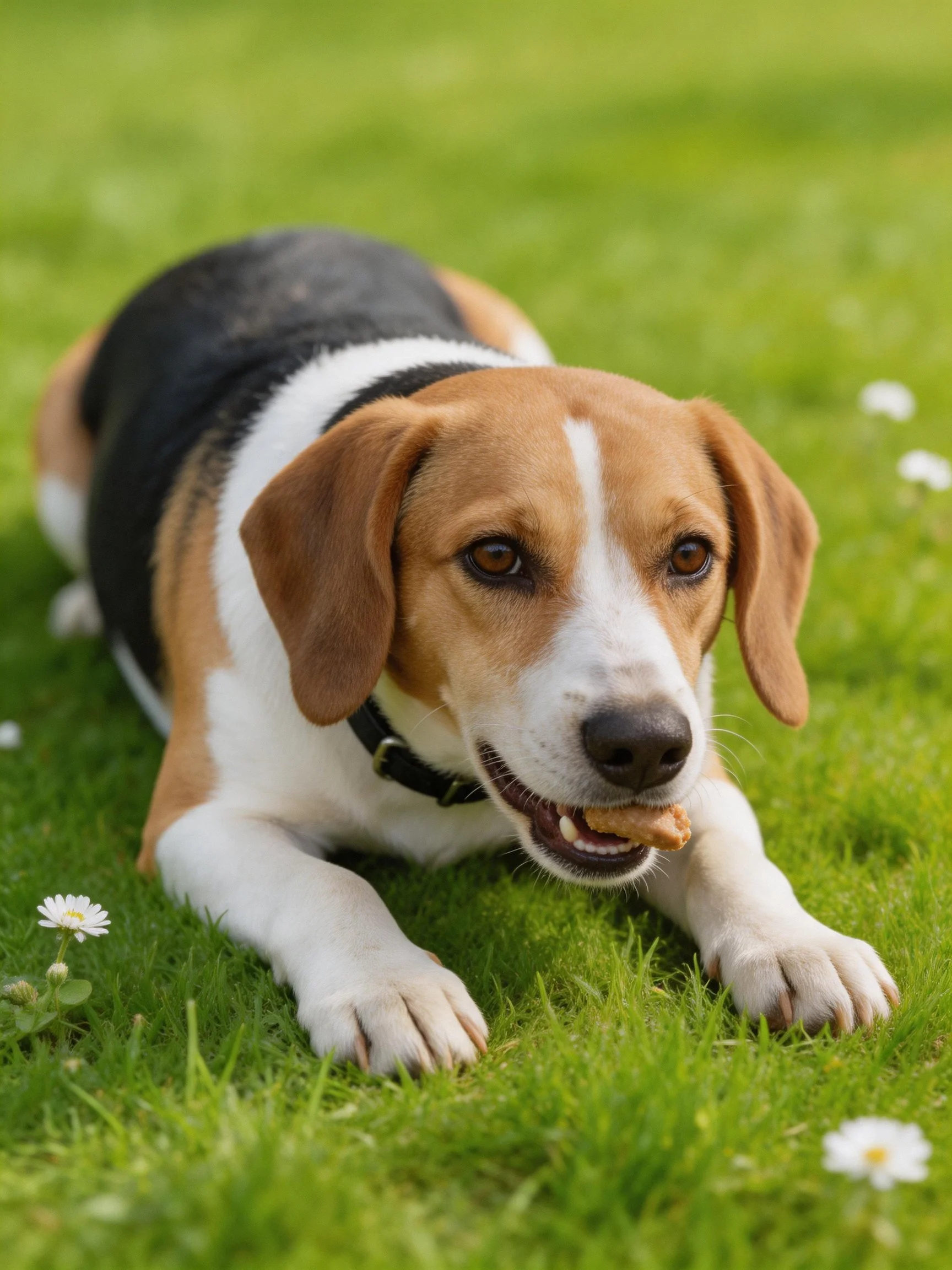 A tricolor beagle relaxes on green grass near small white flowers.
