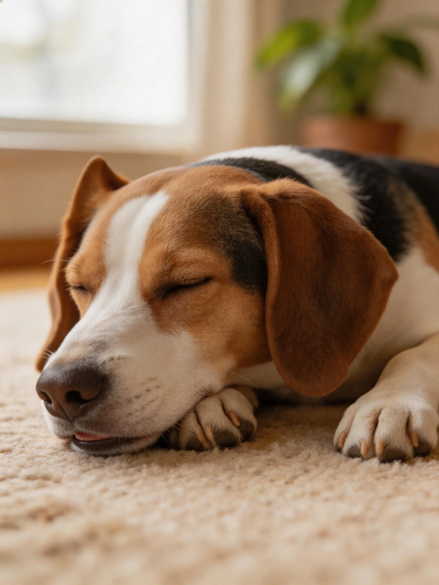 A tricolor beagle rests peacefully on a soft beige carpet