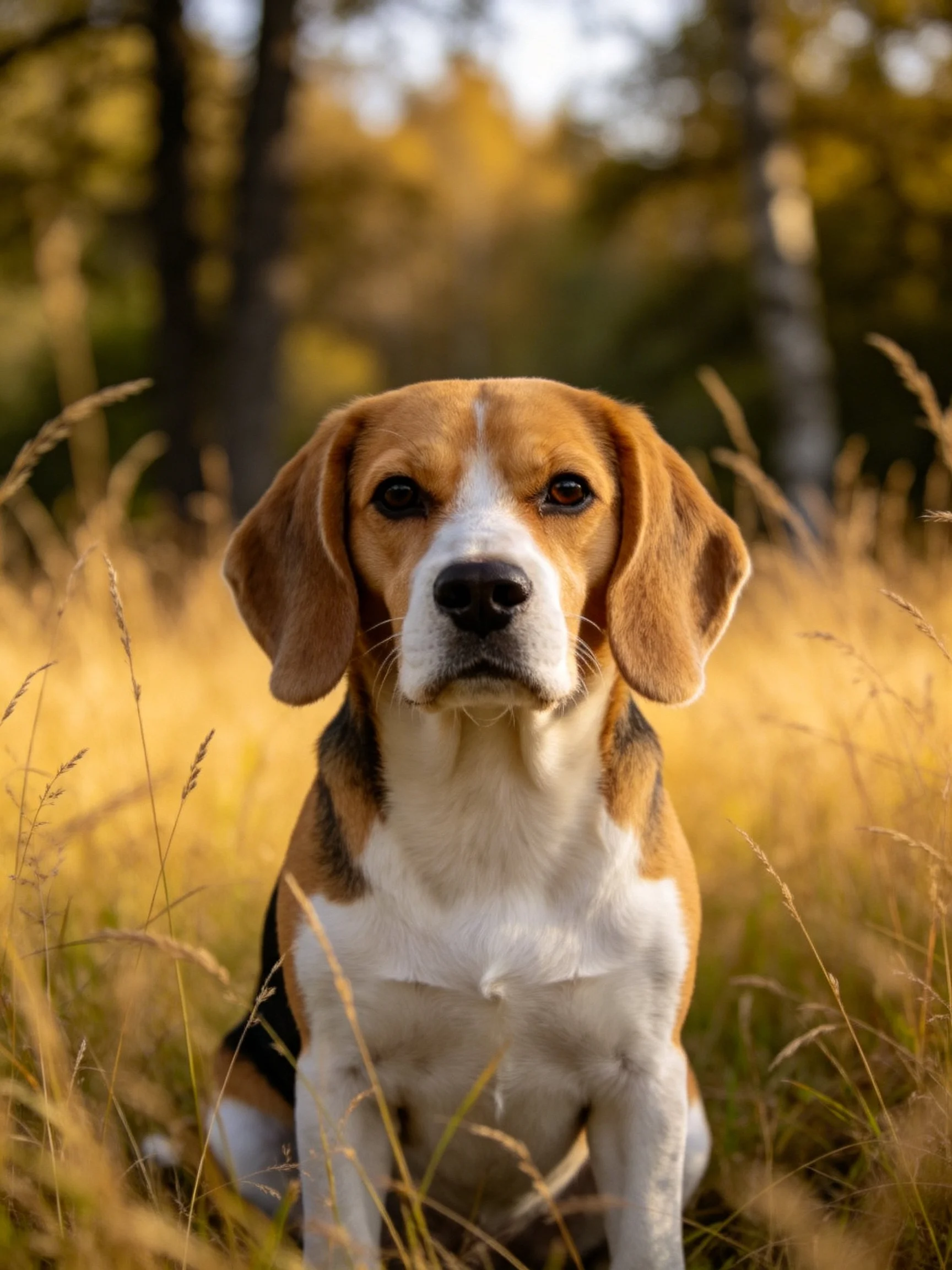 A tricolor beagle calmly sits among tall golden grass with trees in the distance.