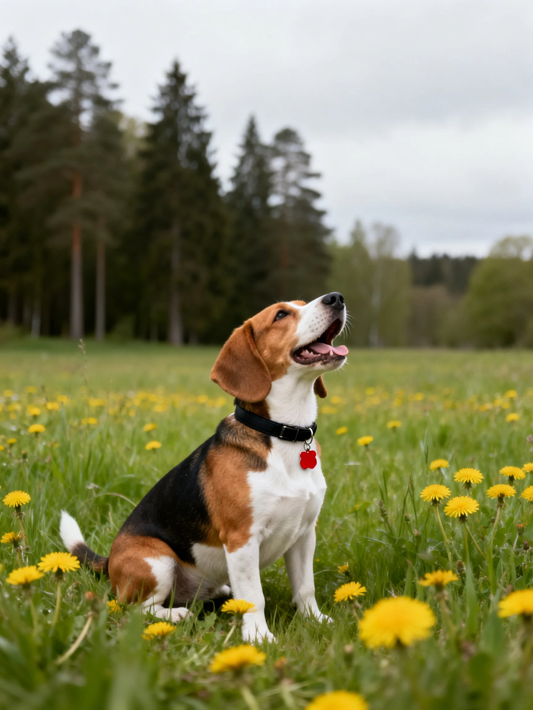 A tricolor beagle relaxes in a field with yellow dandelions near tall trees.