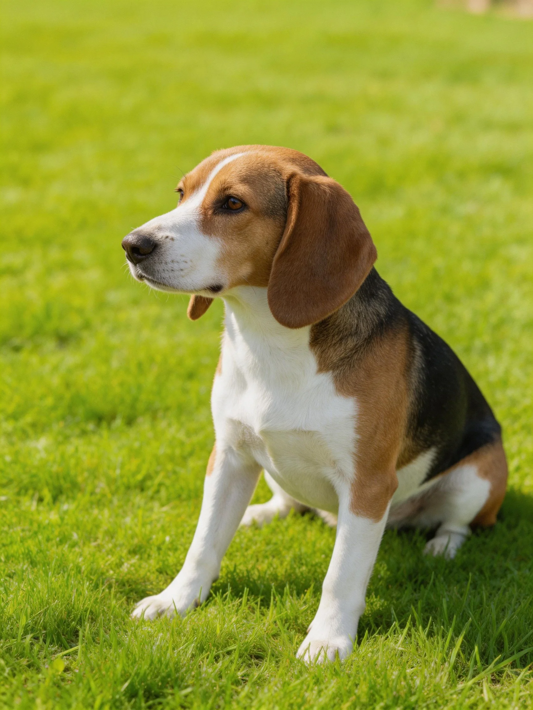 A tricolor beagle sits attentively on lush green grass