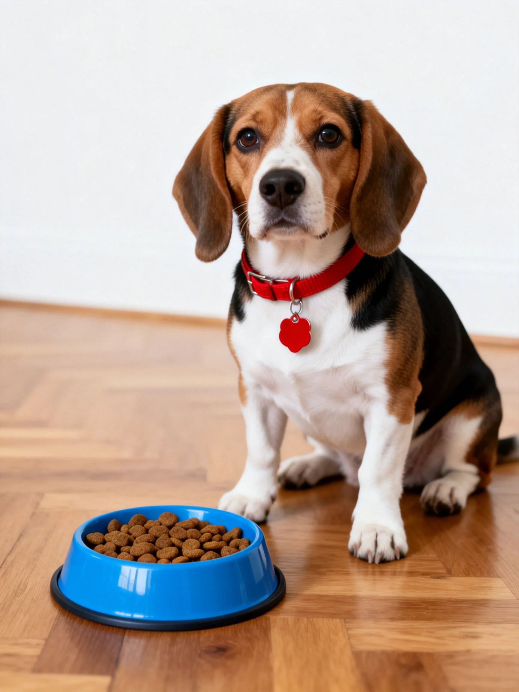 A tricolor beagle sits next to a blue pet food bowl.
