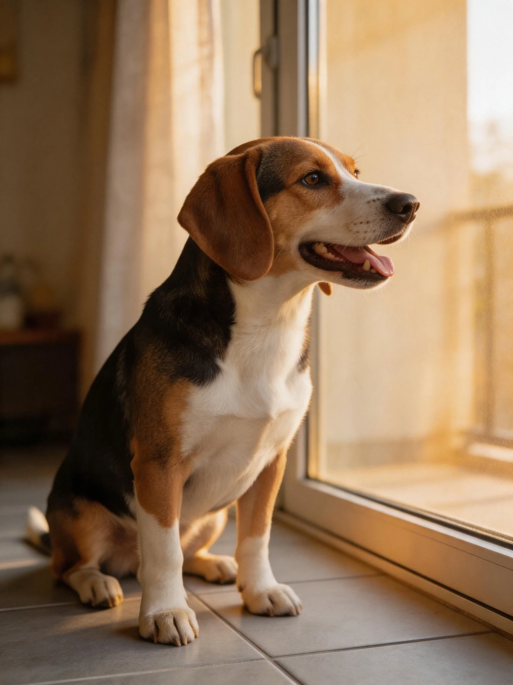 A tricolor beagle sits calmly beside a sunlit sliding glass door