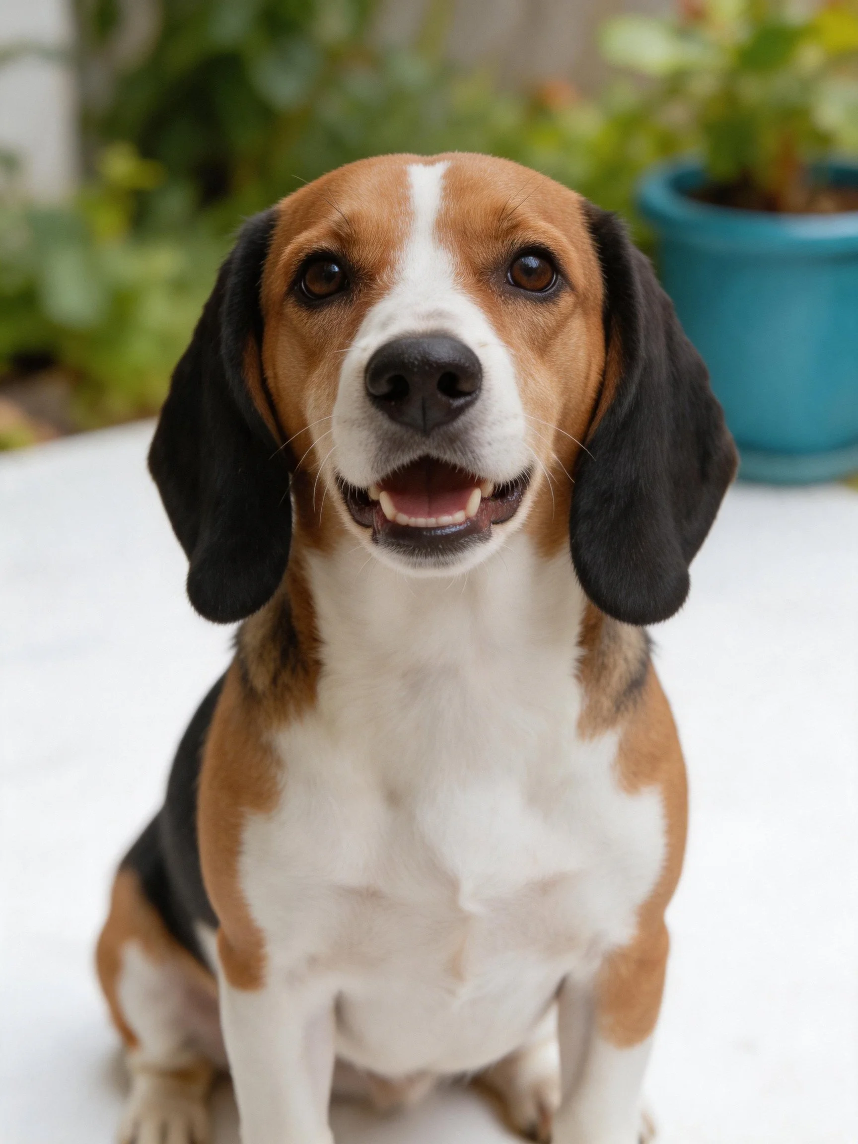 A tricolor beagle sits happily on a white surface with greenery