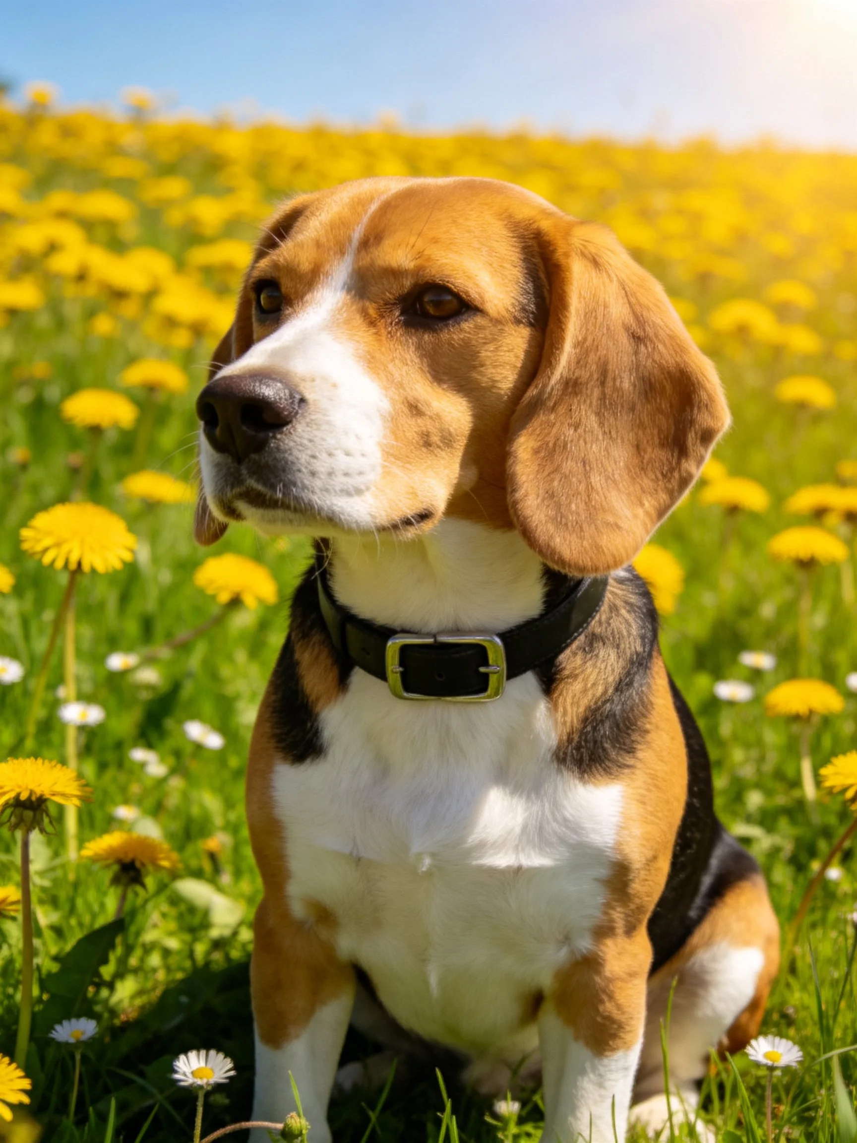 A tricolor beagle sits in a field of yellow dandelions
