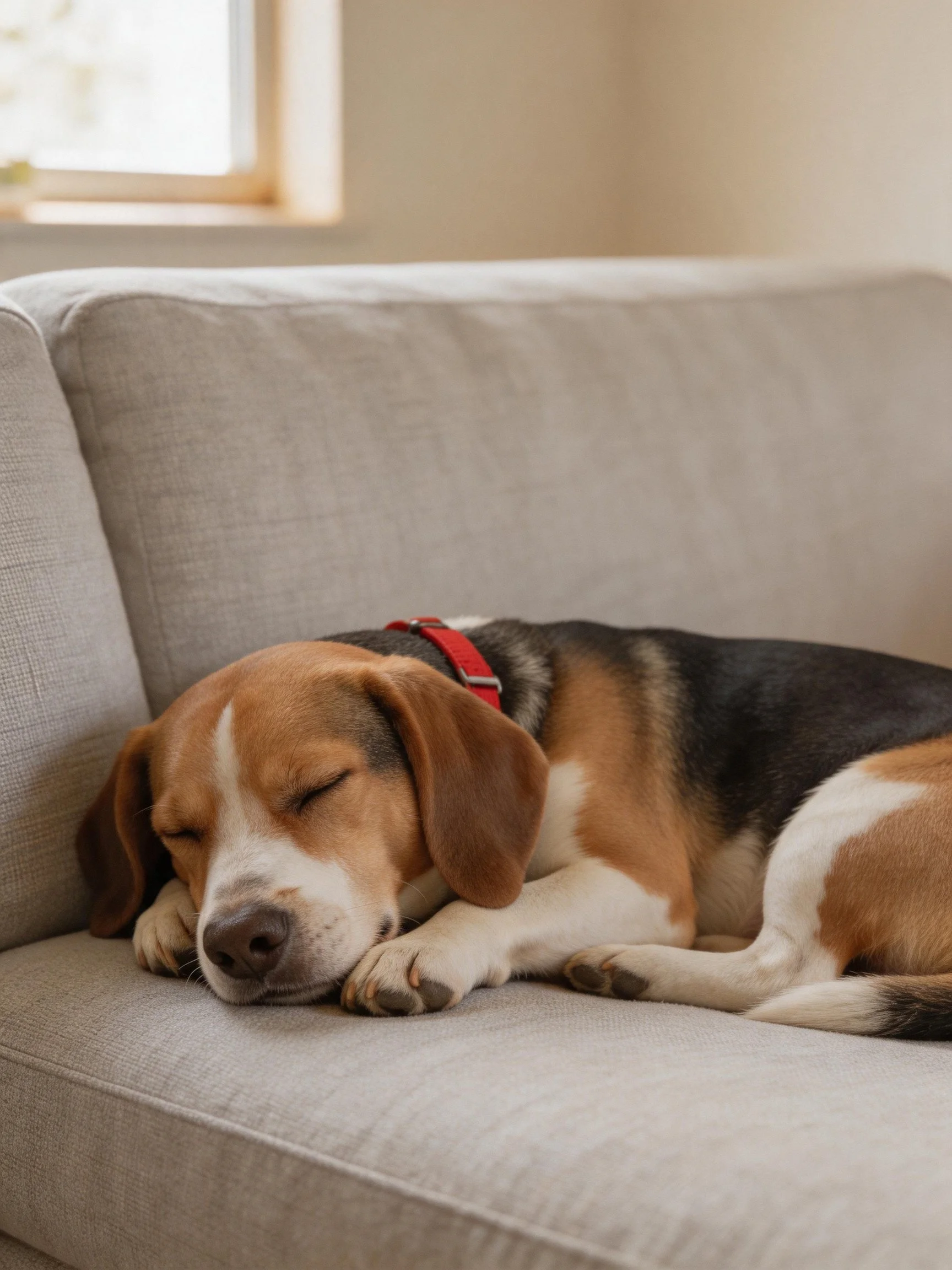 A tricolor beagle naps on a gray sofa
