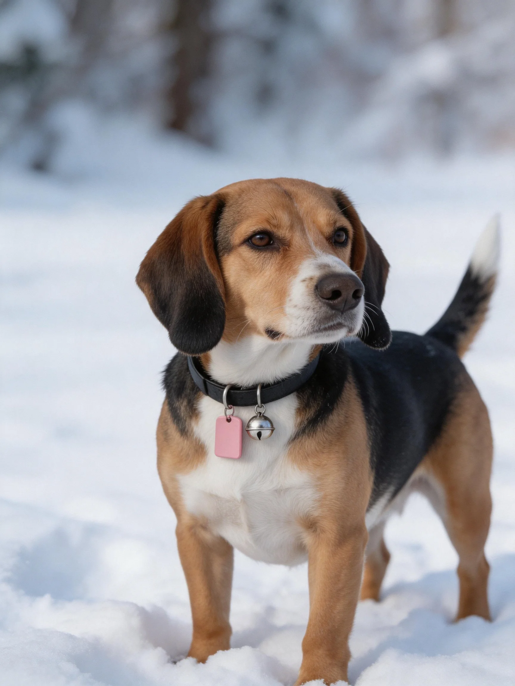 A tricolor beagle stands alert in snowy terrain