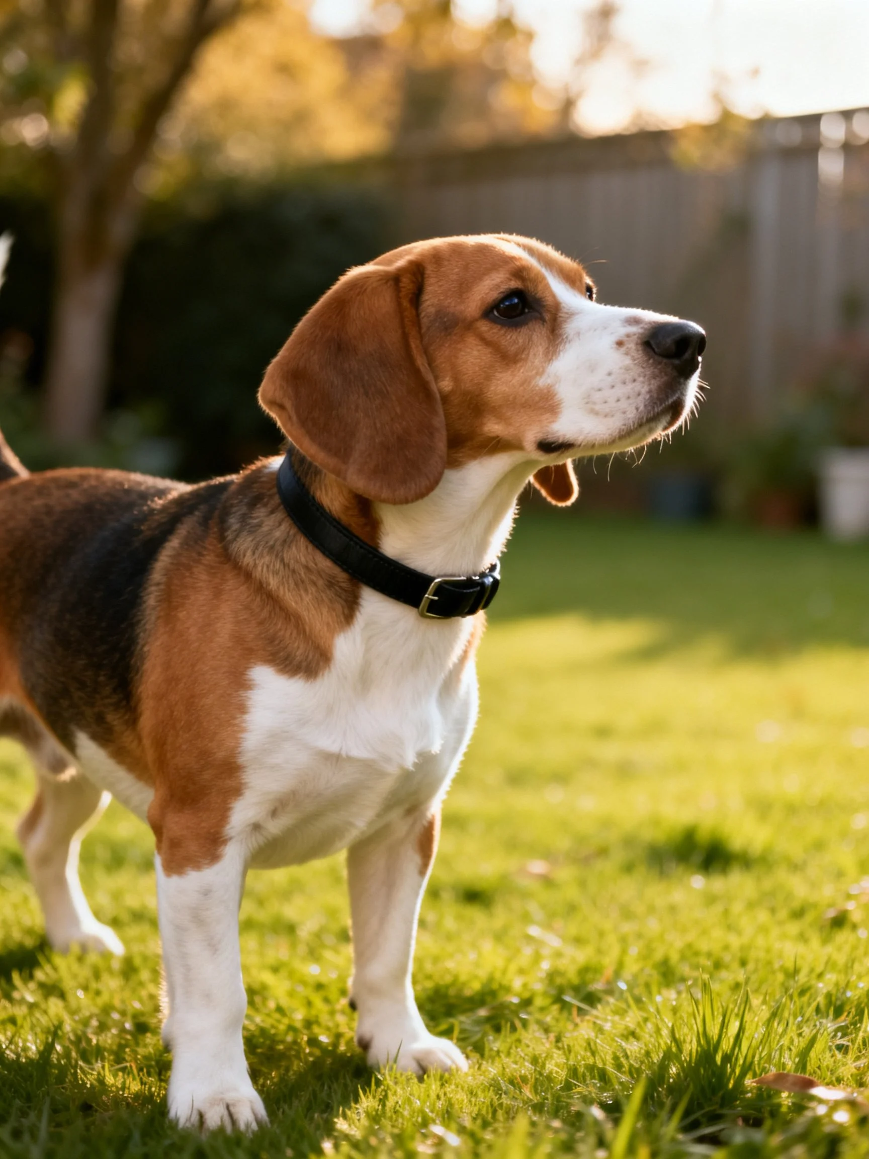 A tricolor beagle stands alert on sunlit grass