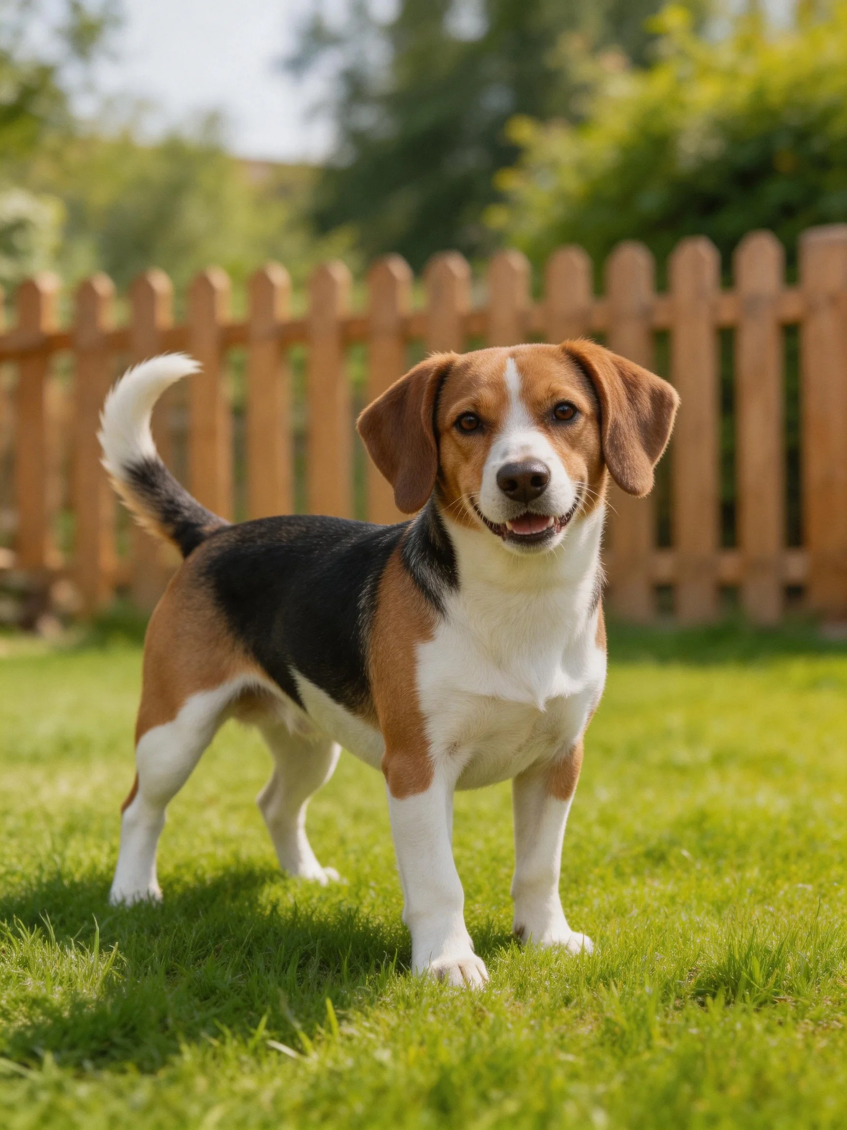 A tricolor beagle stands on lush green grass near a wooden fence