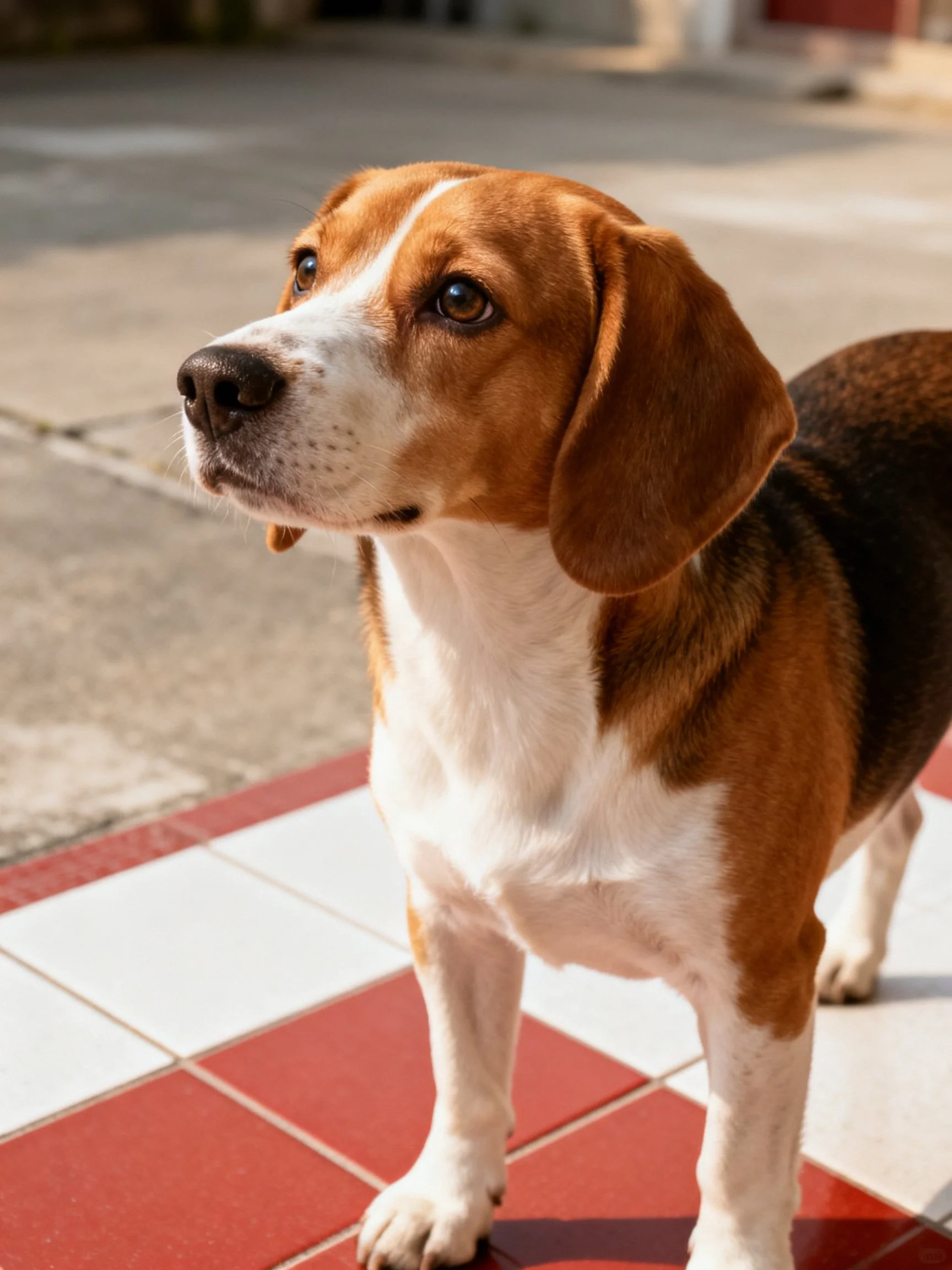 A tricolor beagle stands on a red and white tiled surface outside.