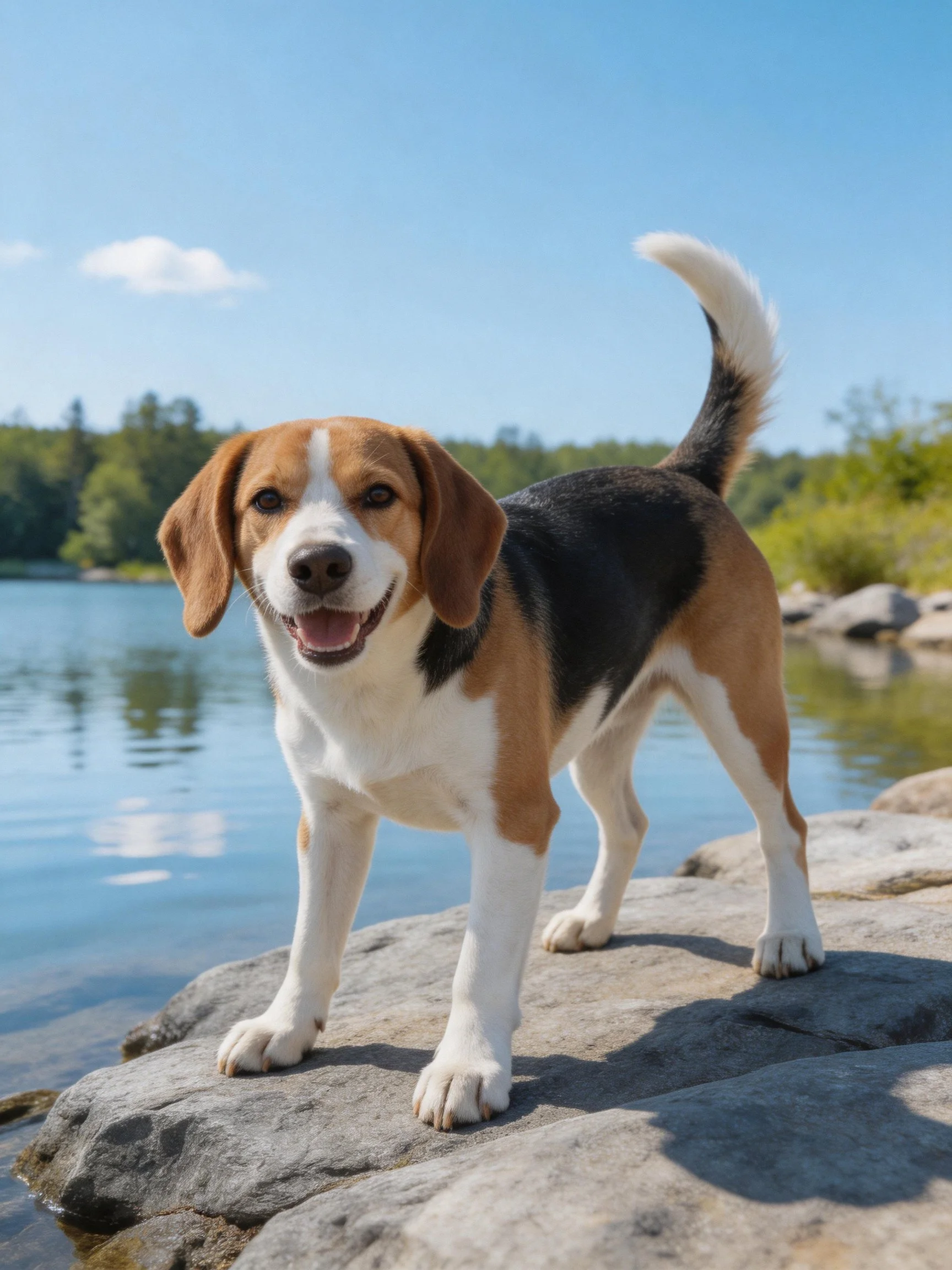 A tricolor beagle stands on rocks near calm water