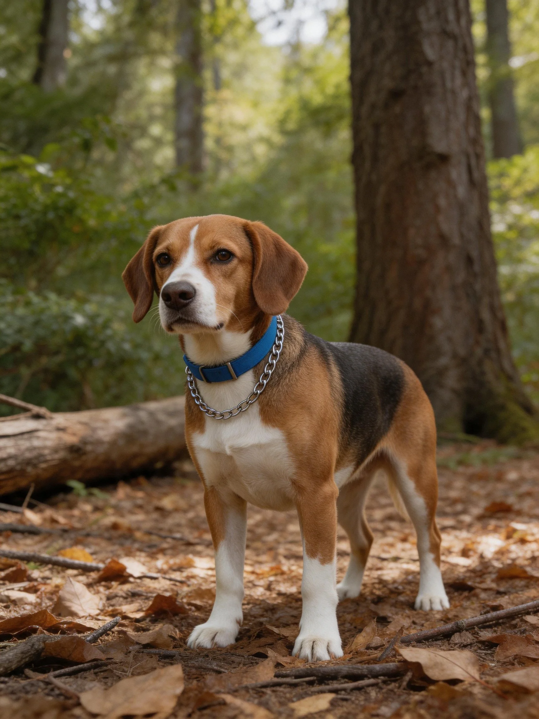 A tricolor beagle with a blue collar in a forested area
