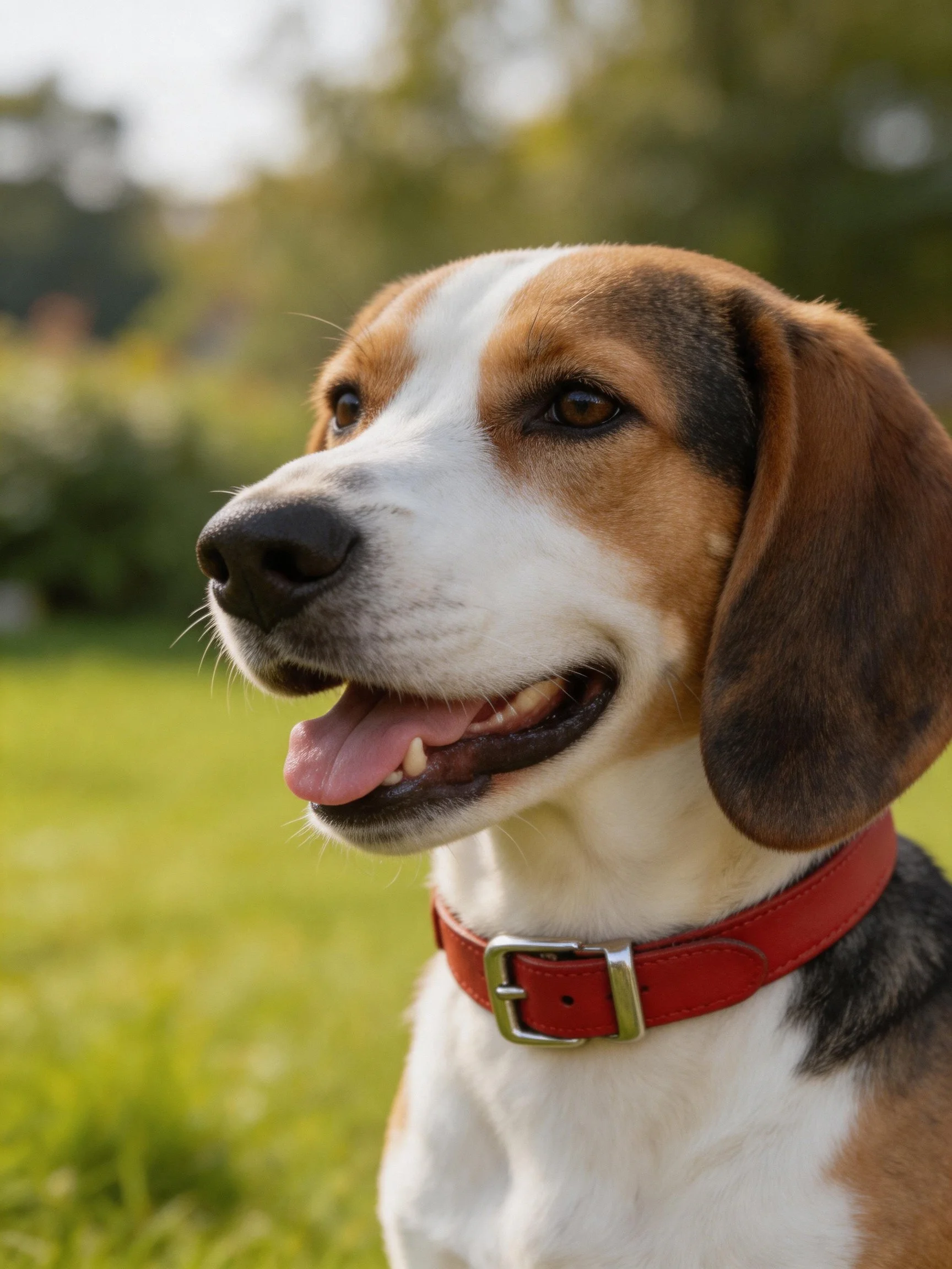 A tricolor beagle with a red collar in a sunlit field