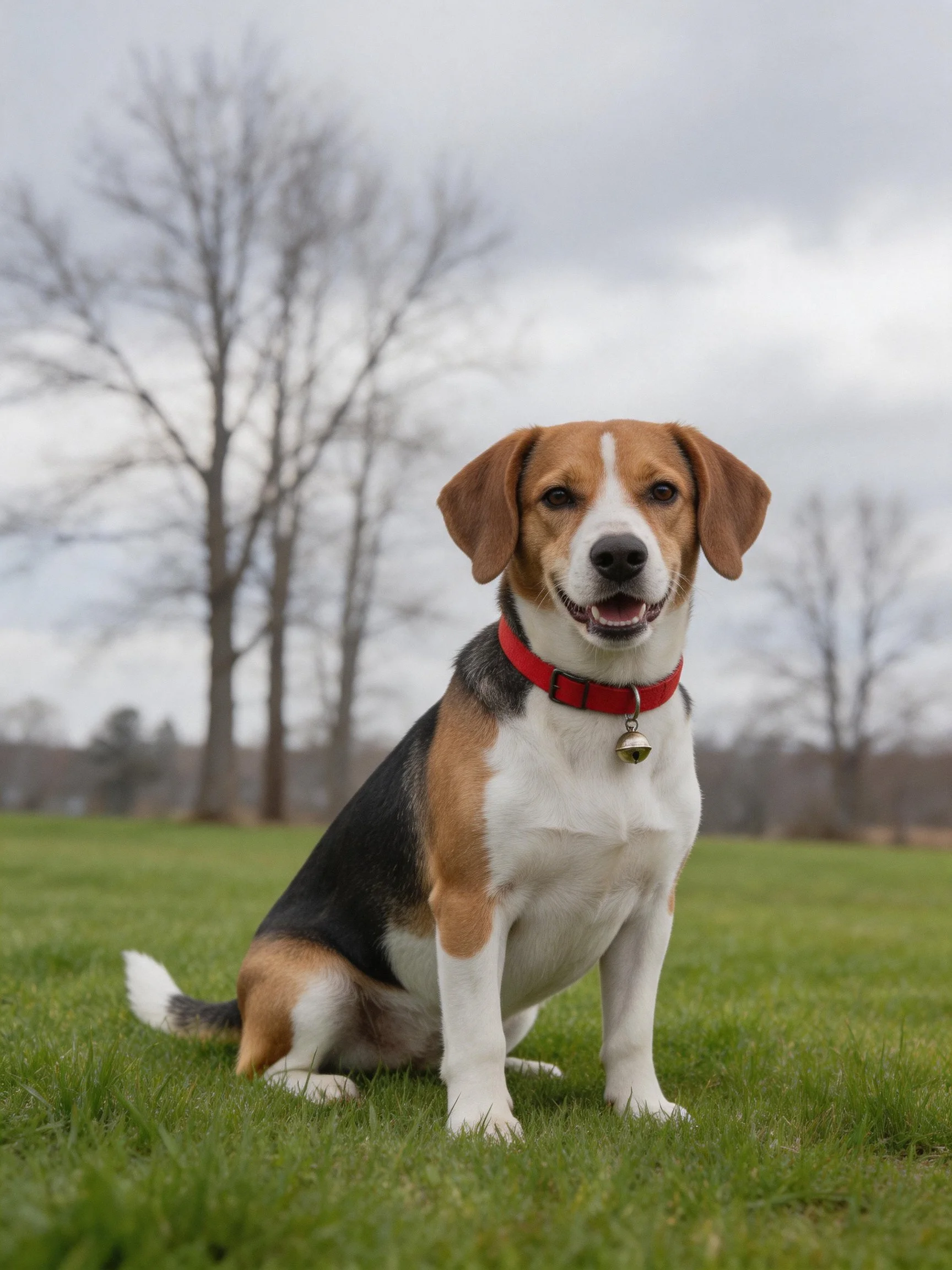A tricolor beagle with a red collar sits calmly on grass with leafless trees in the background.