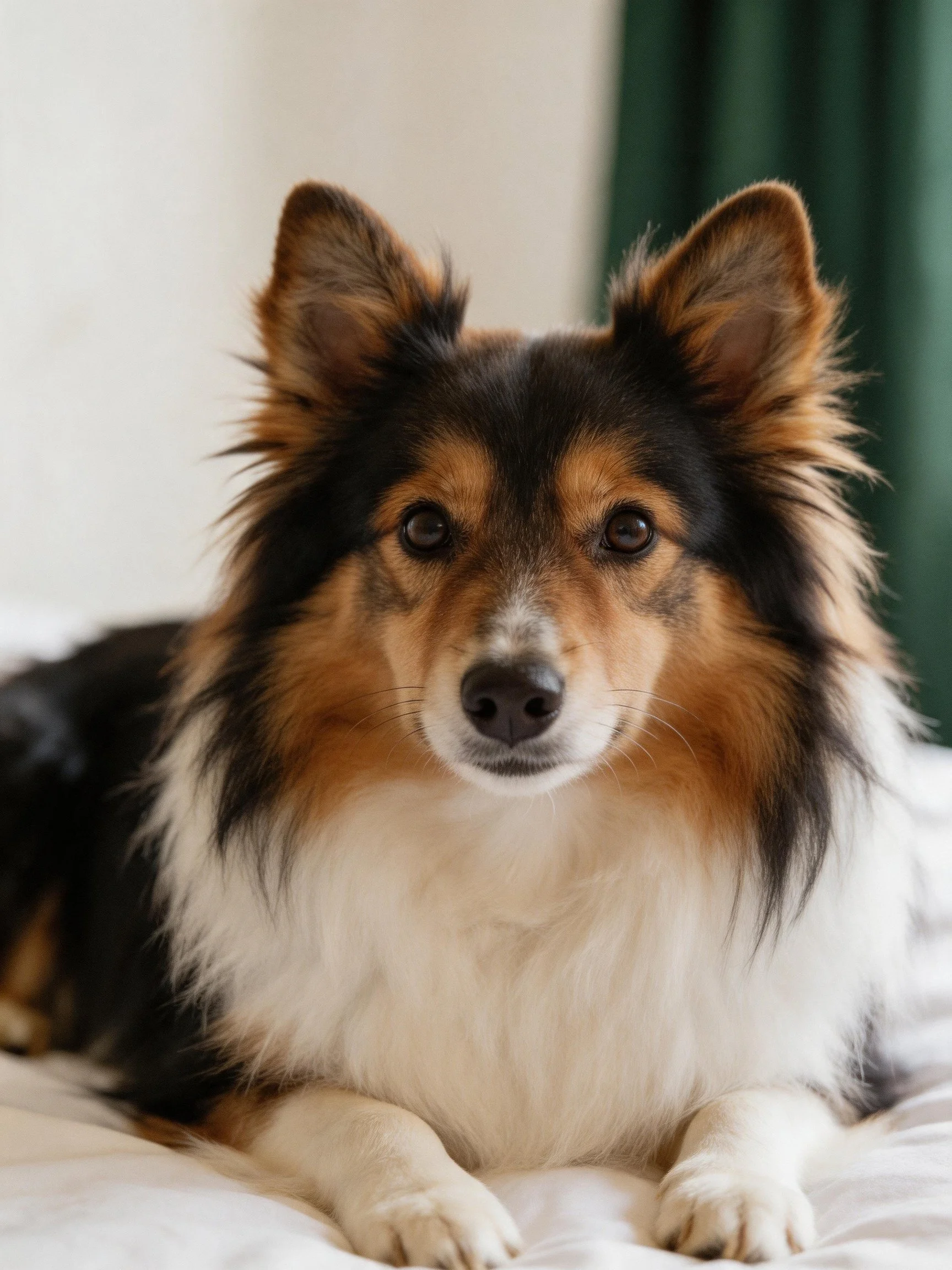 A tricolor-coated Sheltie rests on a bed indoors