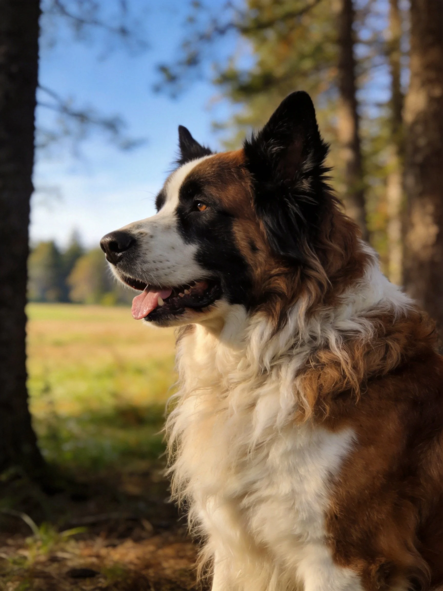 A tricolor - coated dog rests near tall trees in a sunlit forest