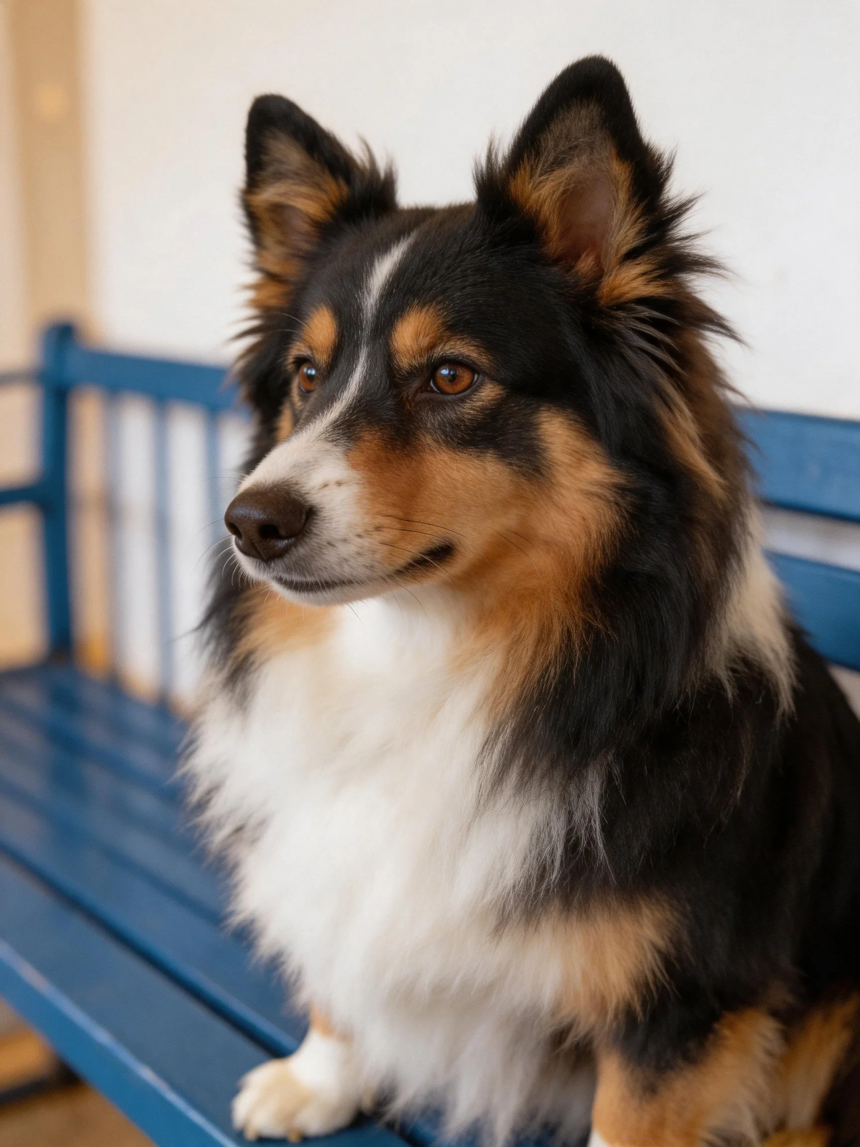 A tricolor-coated dog sits calmly on a blue bench