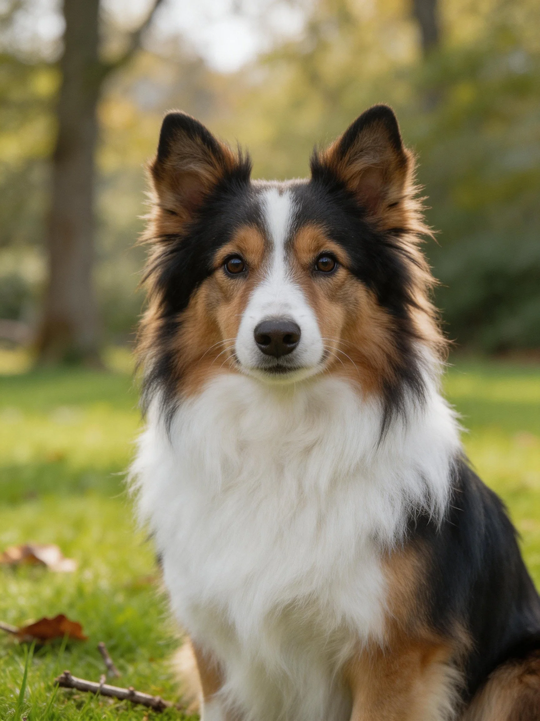 A tricolor dog rests in a sunlit grassy outdoor area with trees in the background.