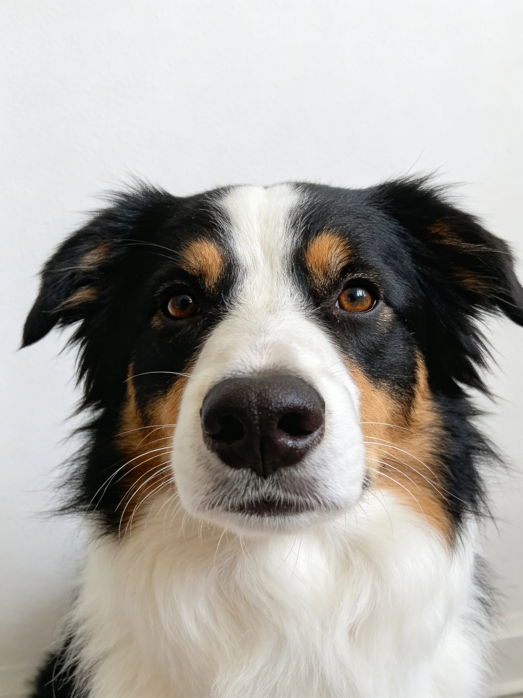 A tricolor dog with black, white, and tan fur stares intently at the viewer against a plain backdrop.