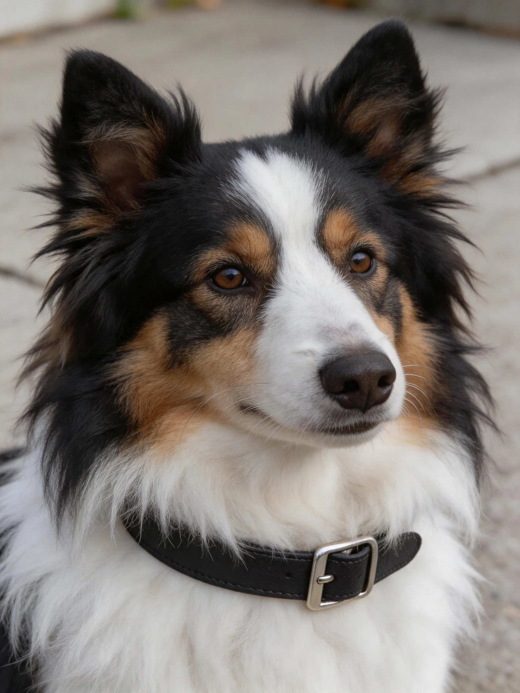 A tricolor-coated dog with fluffy fur wearing a black collar