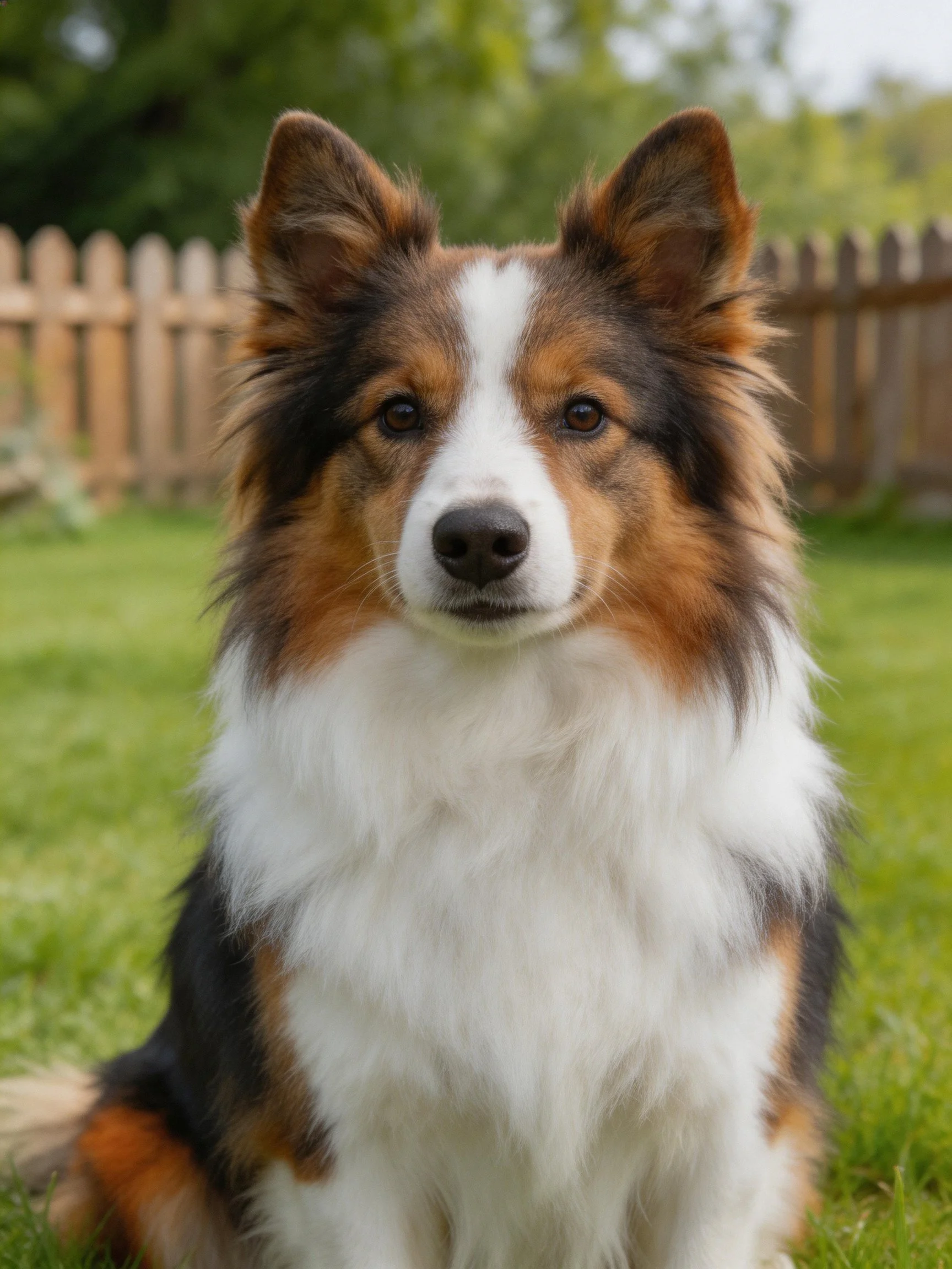 A tricolor-coated dog sits on grass beside a wooden fence in an outdoor environment.