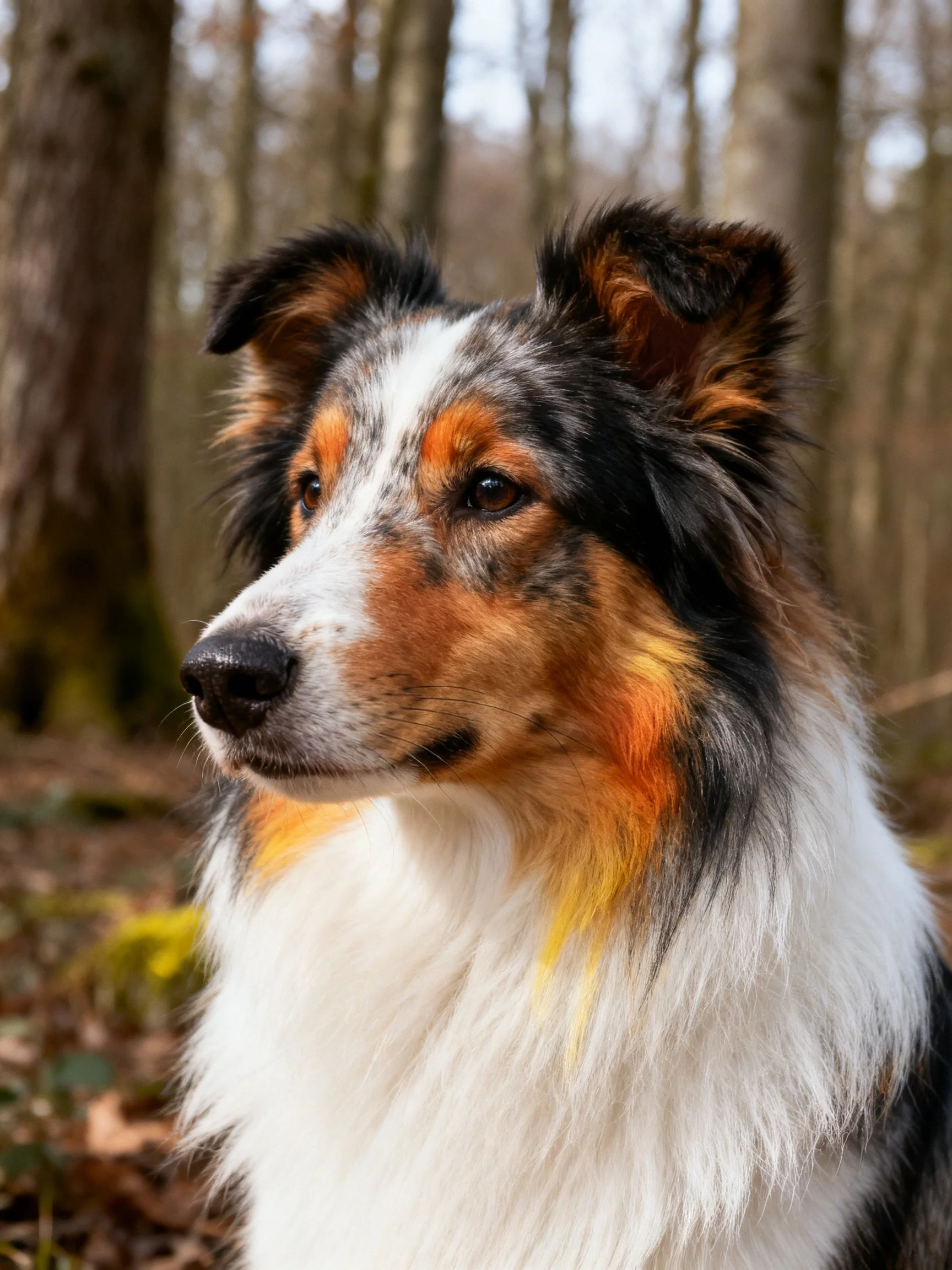 A tricolor-coated dog stands attentively among tall forest trees.