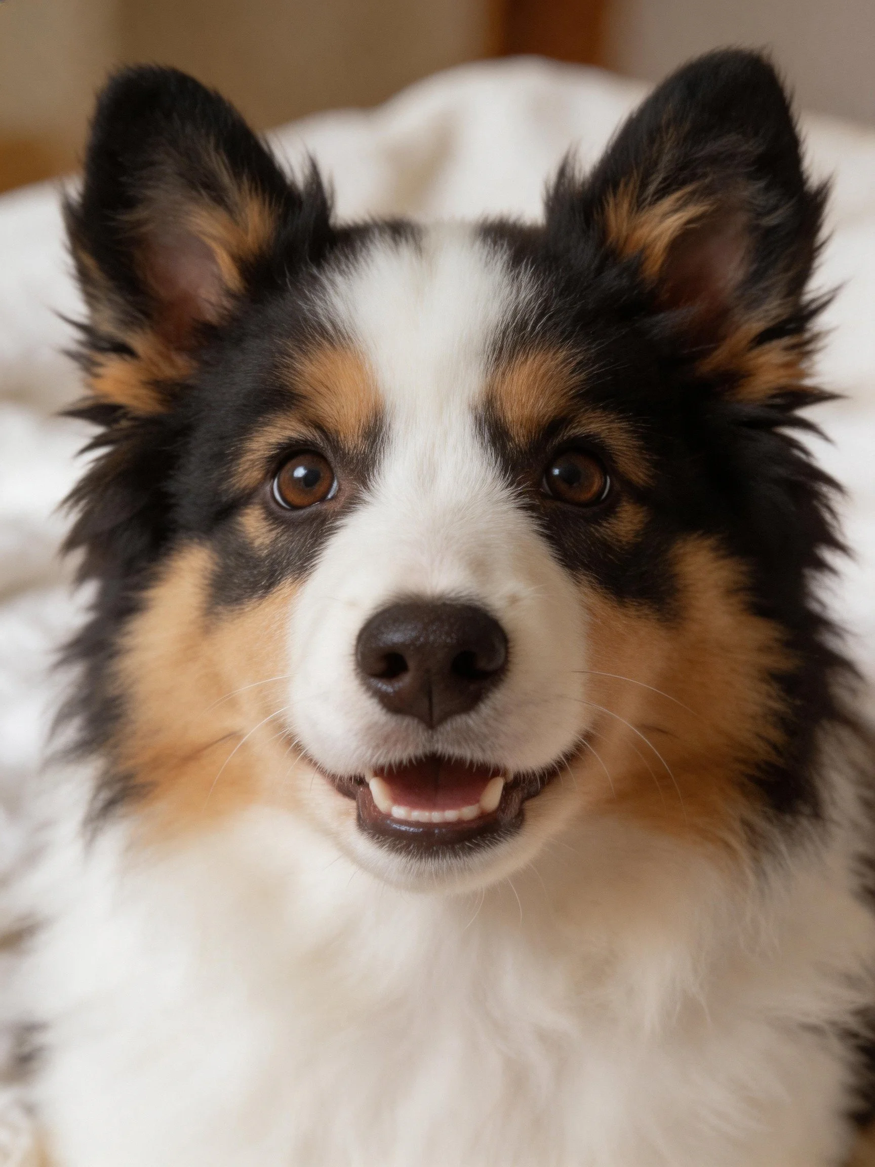 A tricolor-coated dog with upright ears and fluffy fur