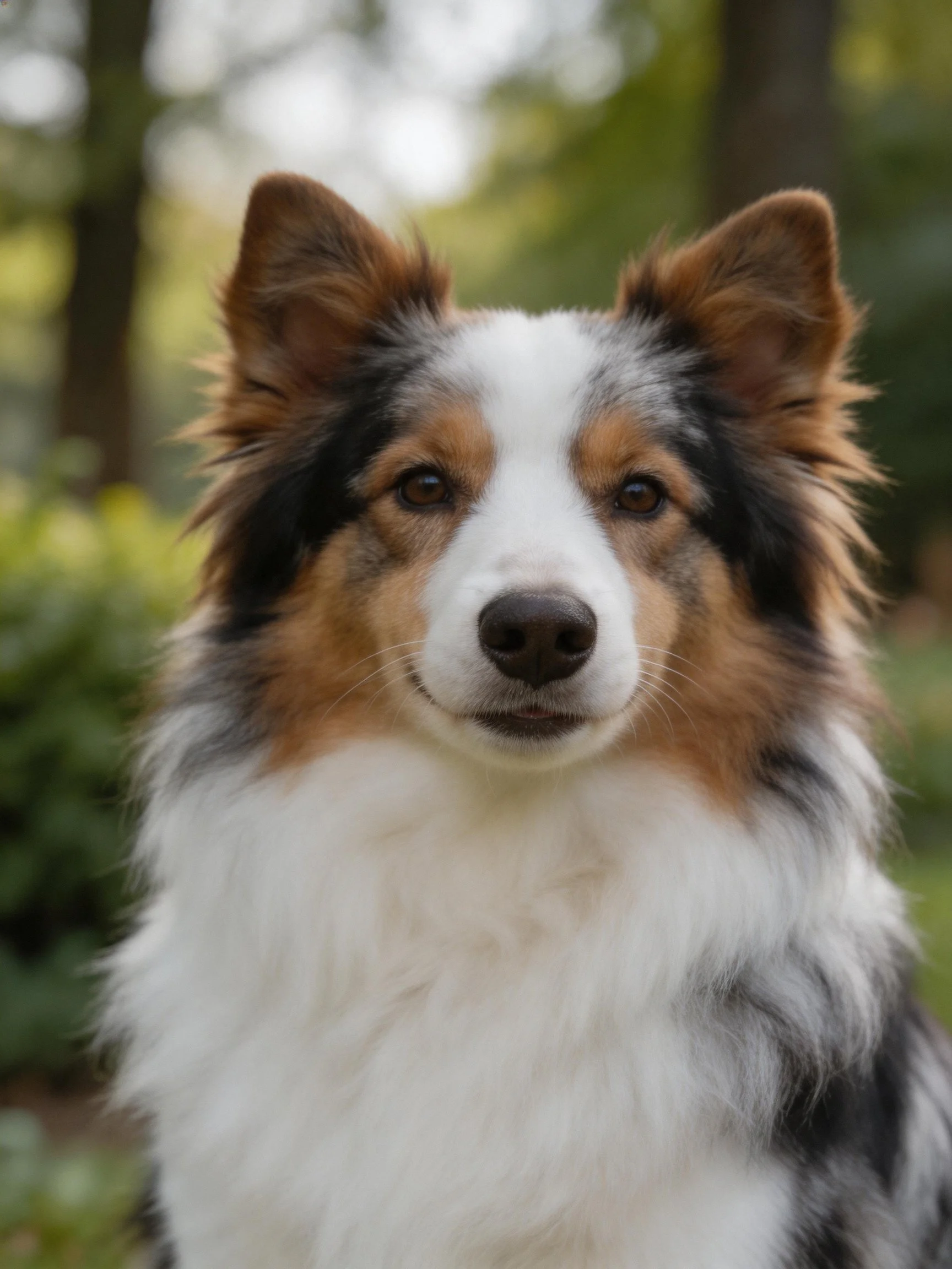 A tricolor-coated dog with upright ears in a natural setting