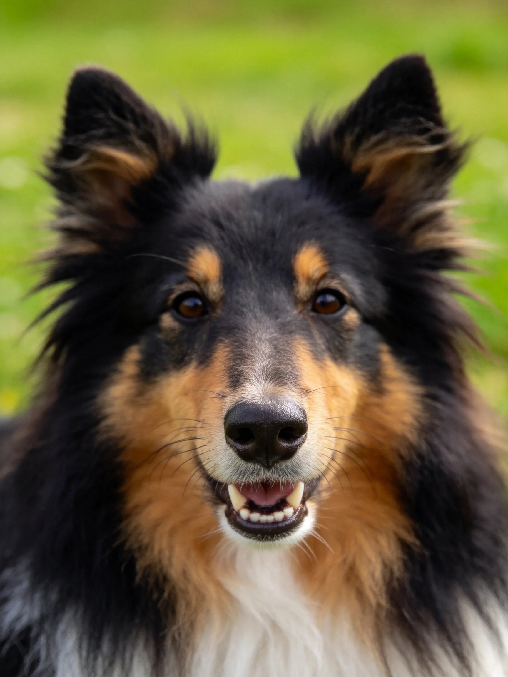 A tricolor collie dog with black, tan, and white fur