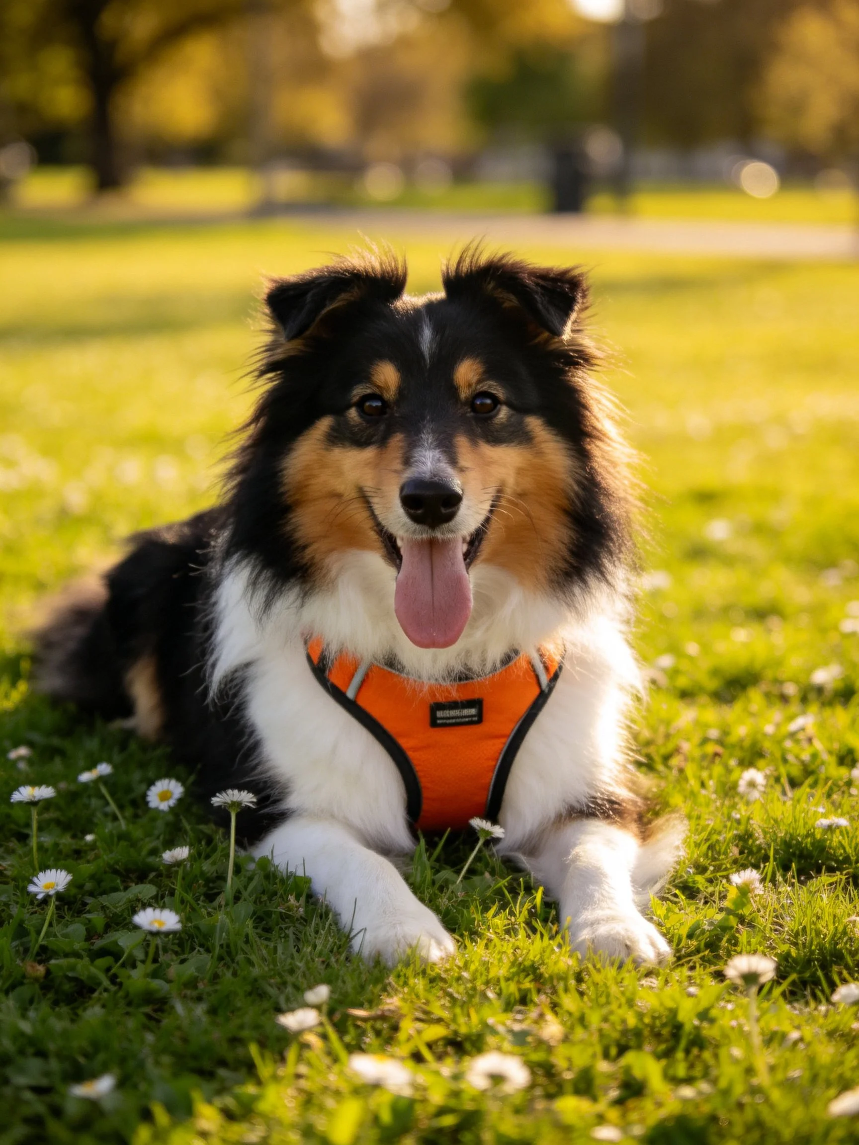 A tricolor dog relaxes on grass amid daisies while wearing an orange harness.