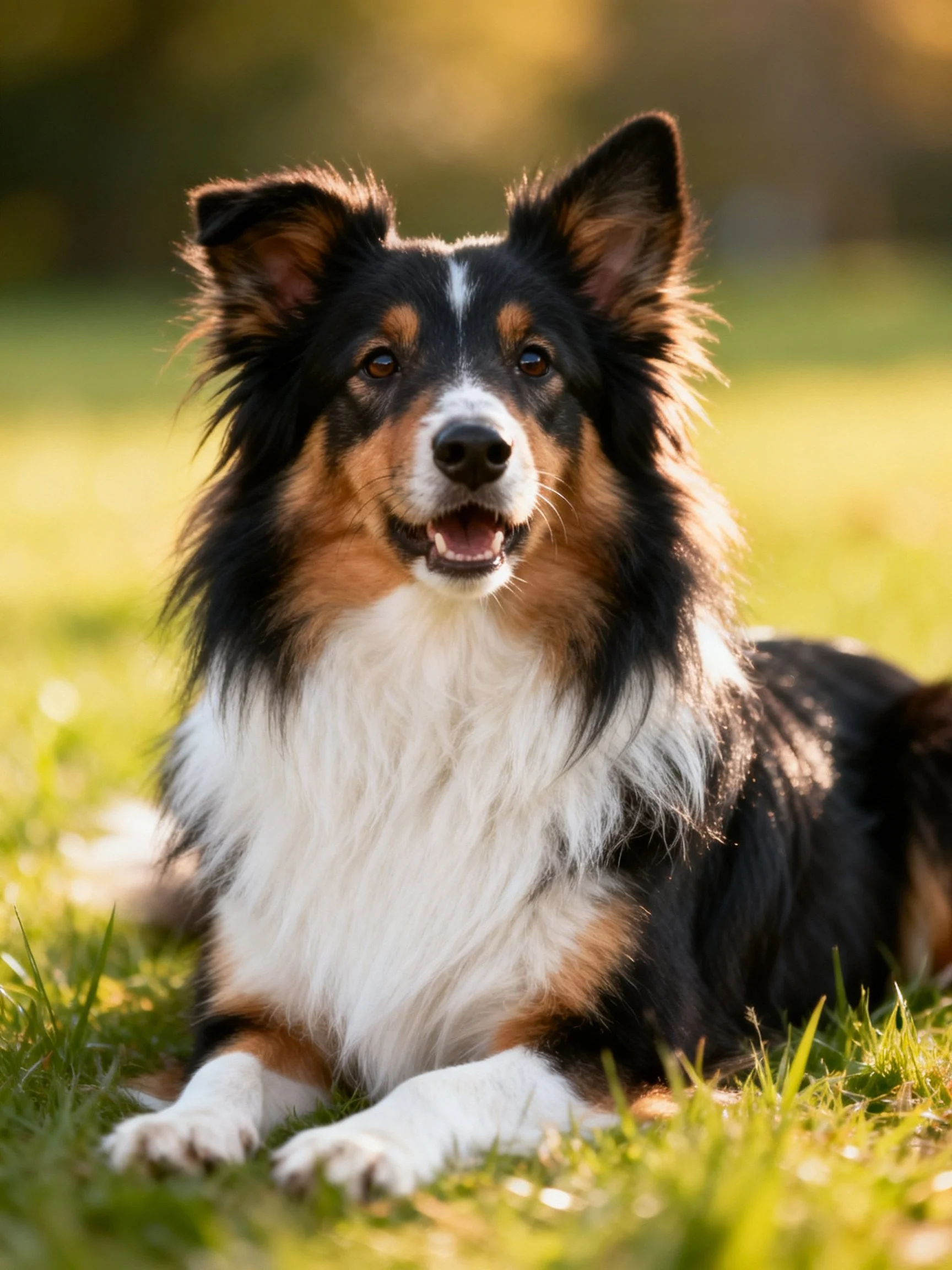 A tricolor collie relaxes on grass in a sunlit outdoor setting.