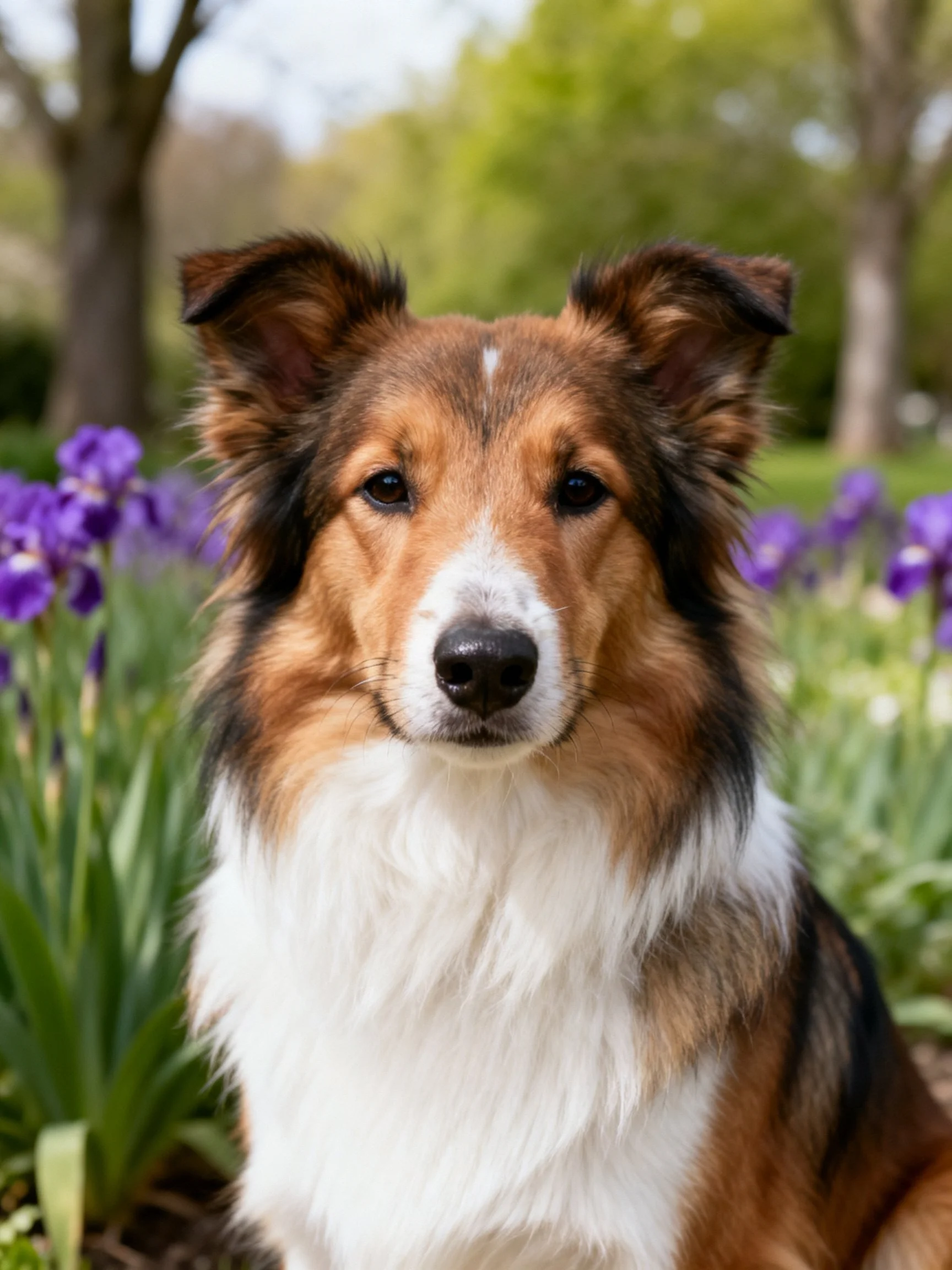 A tricolor collie stands near purple flowers in a bright outdoor setting.