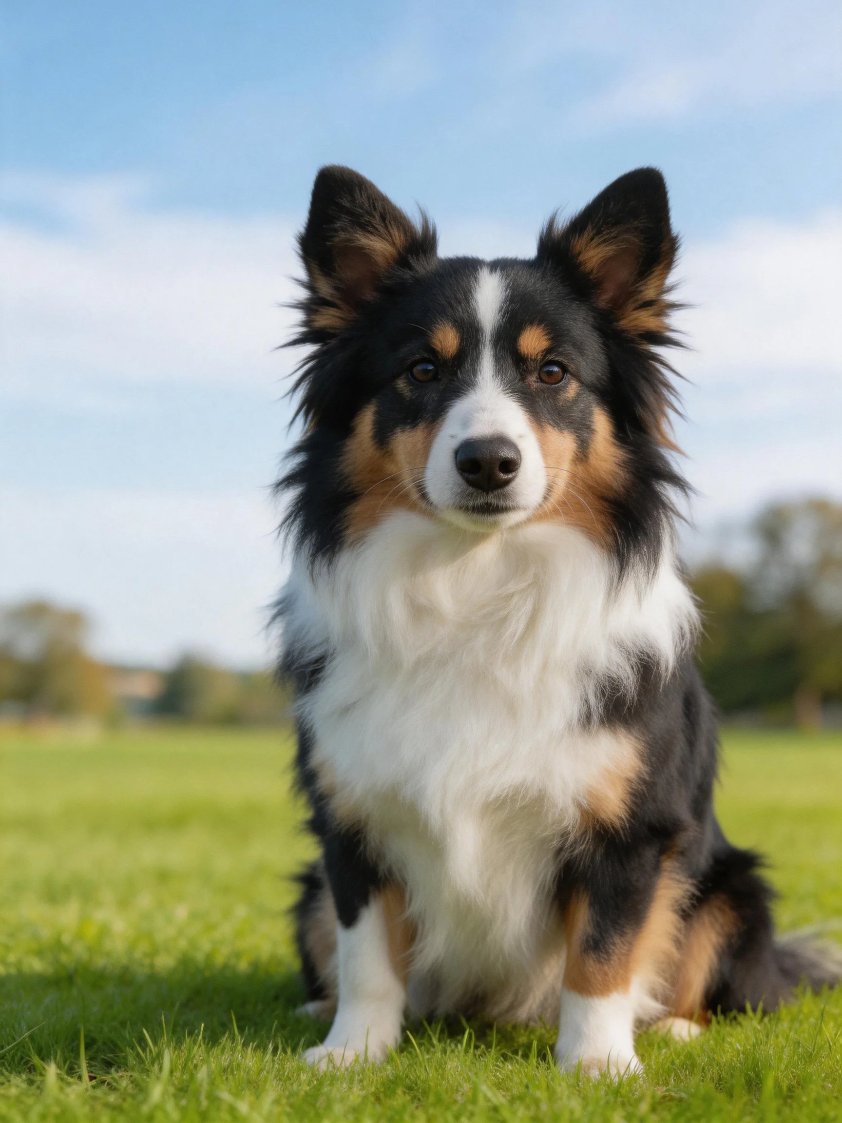 A tricolor collie sits attentively on a bright green field