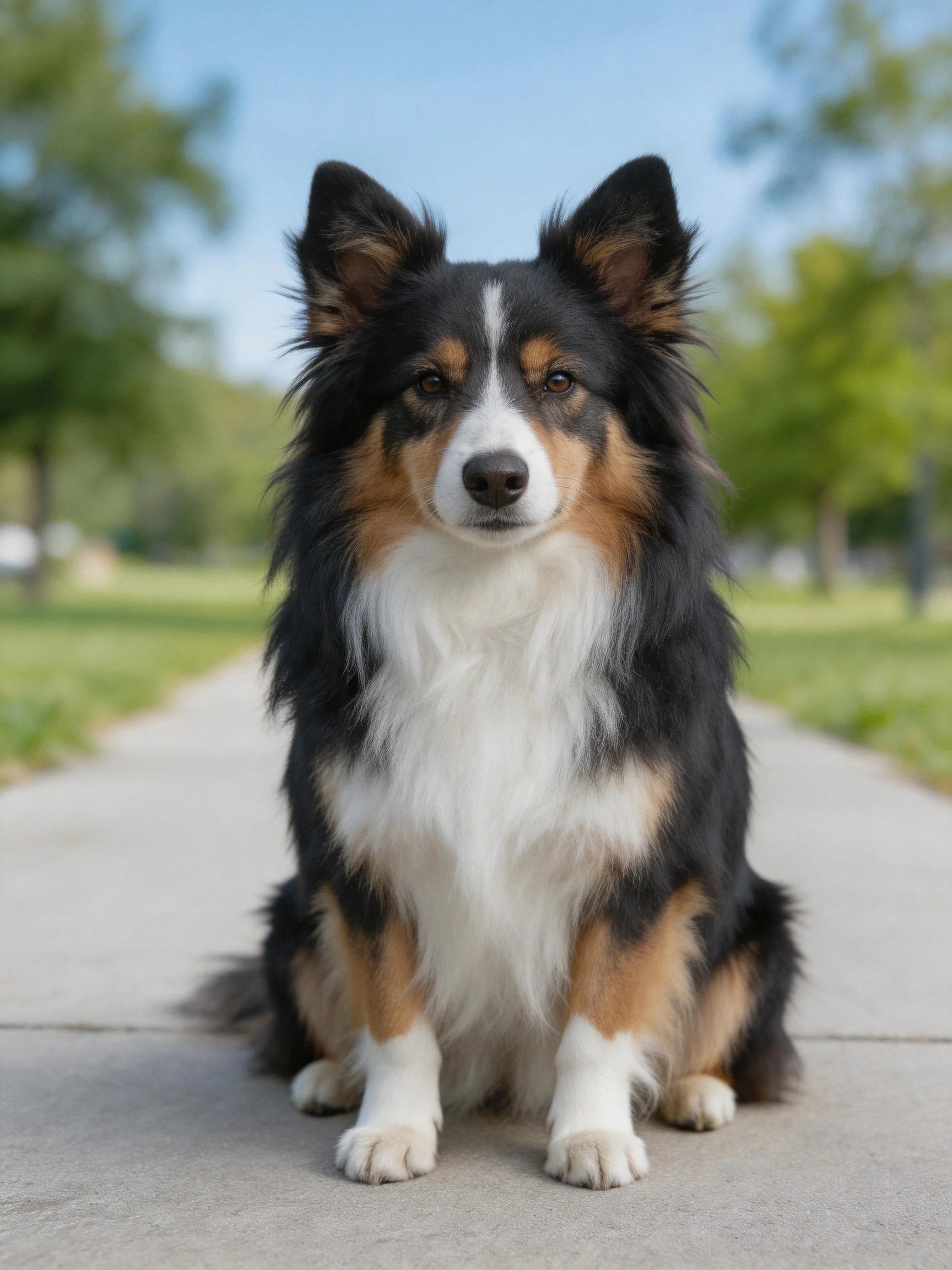 A tricolor collie sits attentively on a concrete path