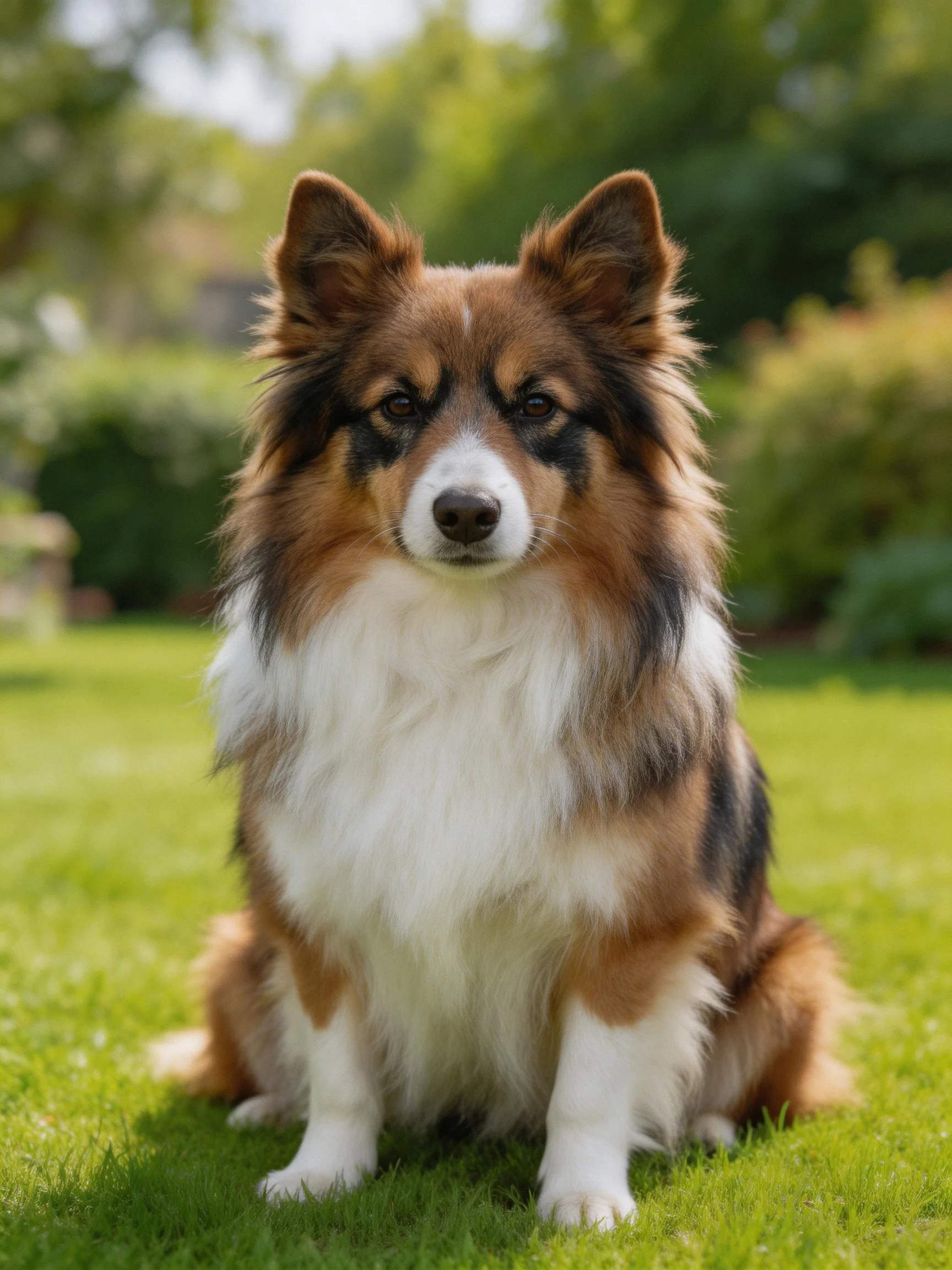 A tricolor collie sits calmly on vibrant green grass