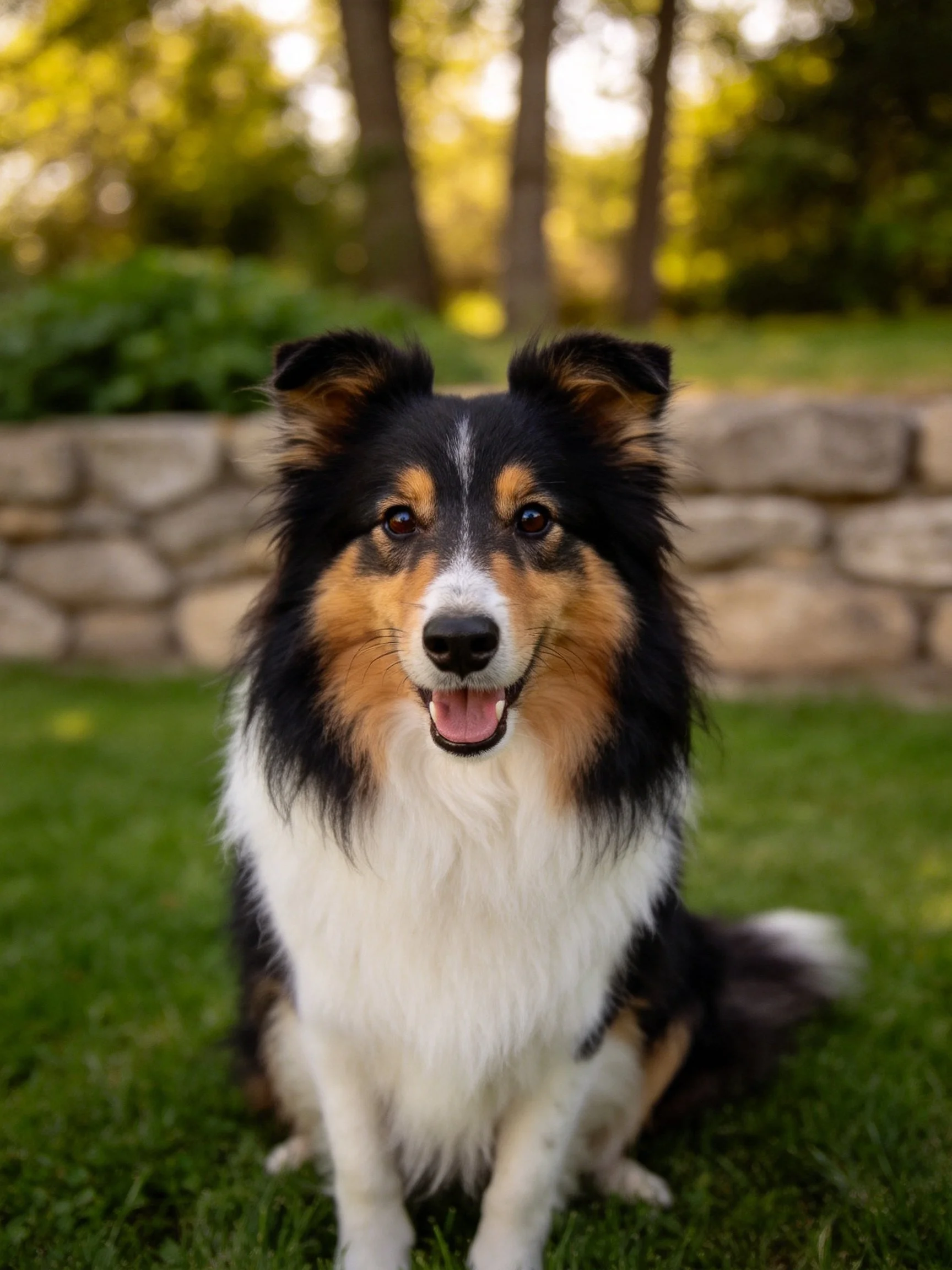 A tricolor collie sits cheerfully on green grass in a garden with a stone wall.