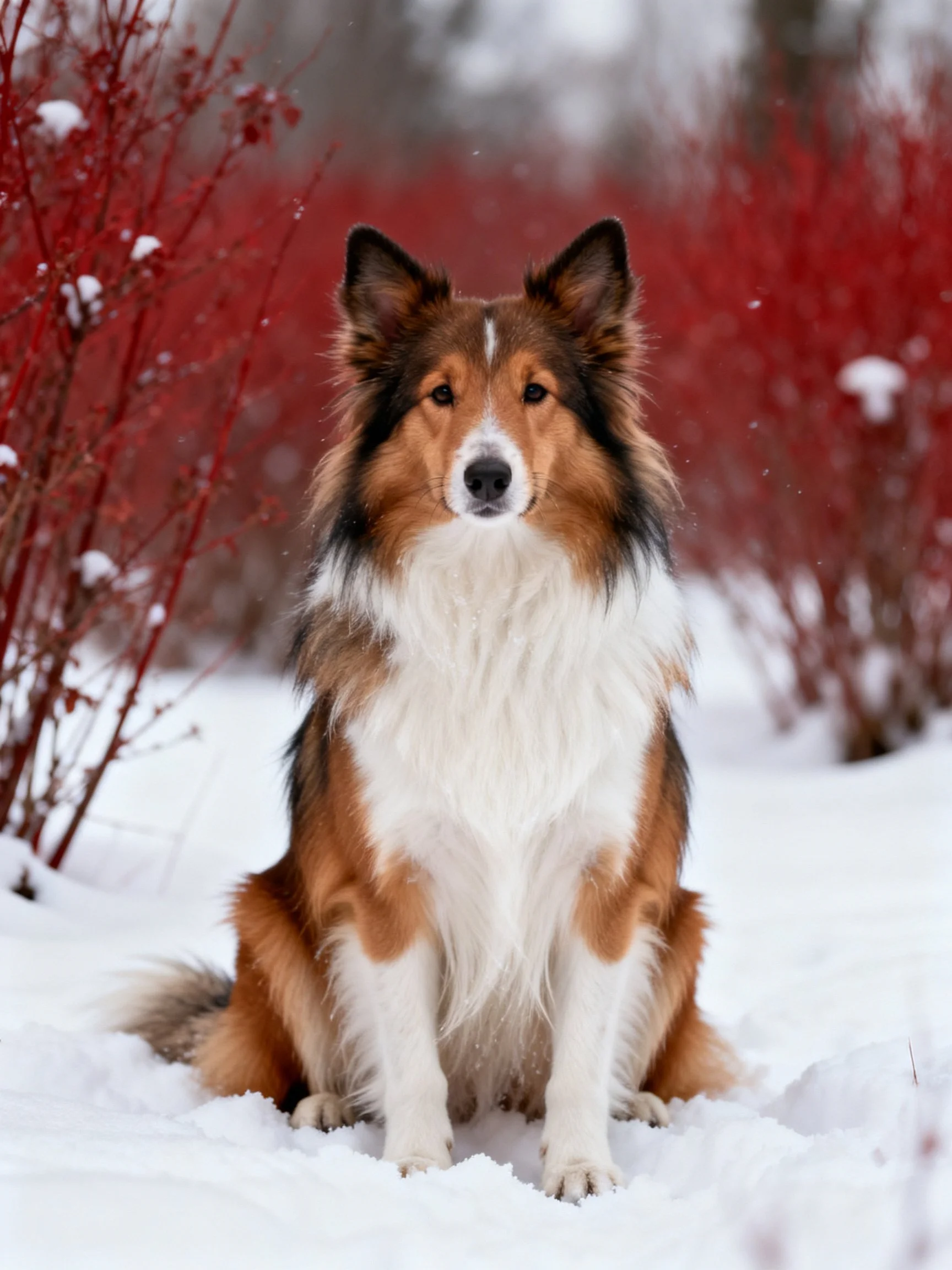 A tricolor collie sits calmly in snowy landscape with red bushes.
