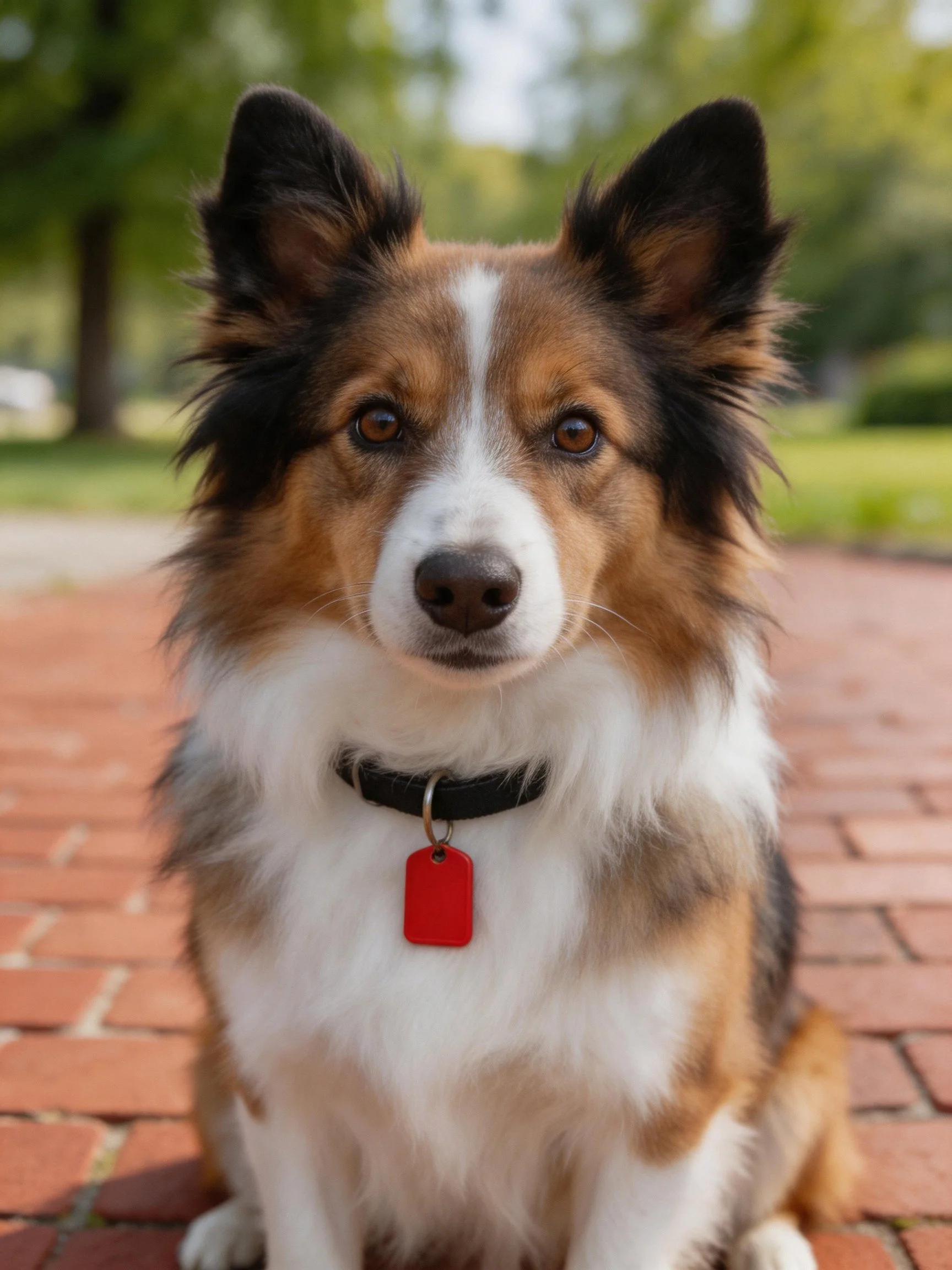 A tricolor collie sits on a brick pathway in a sunny park