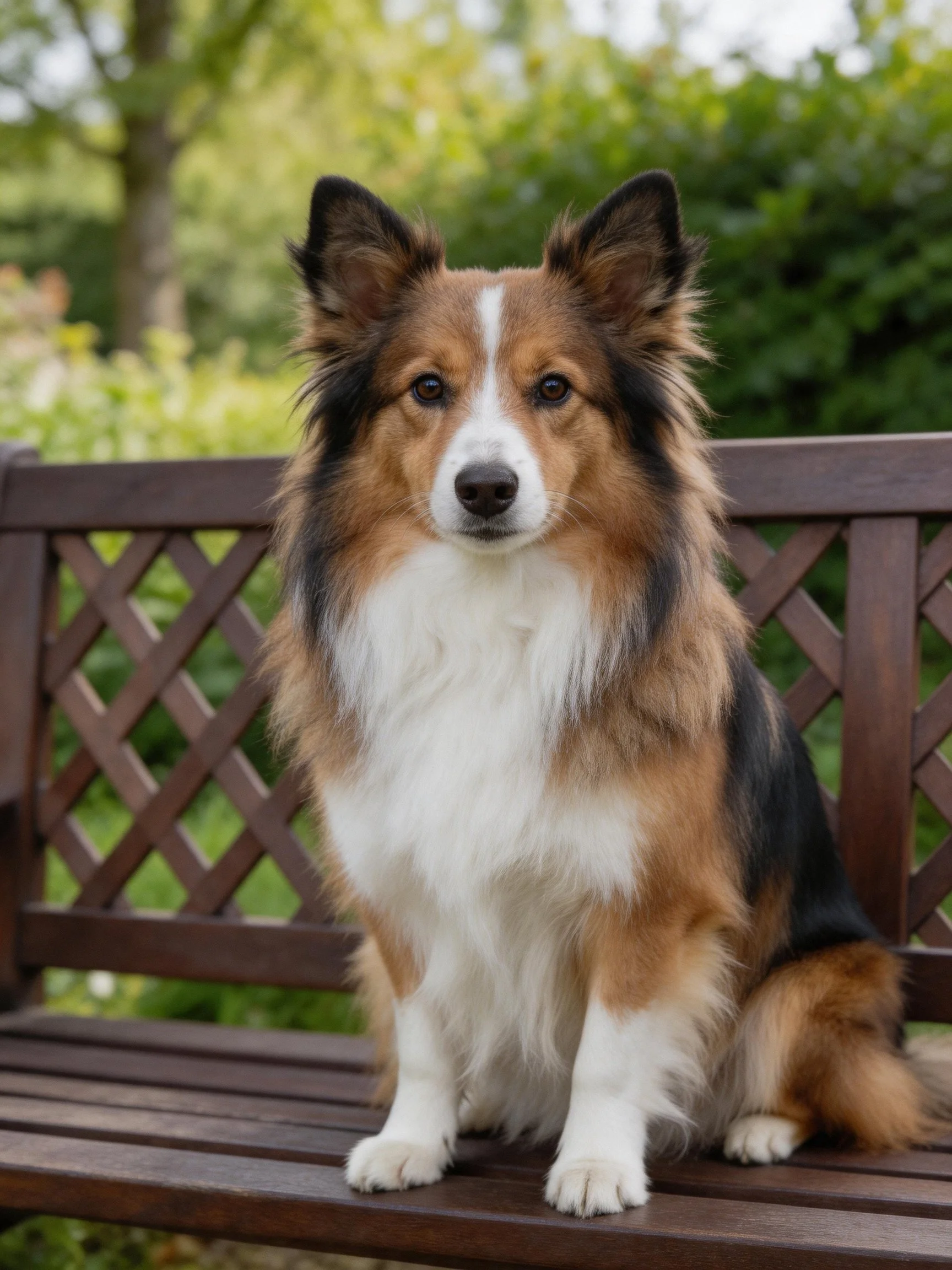A tricolor collie sits calmly on a wooden bench in a garden.