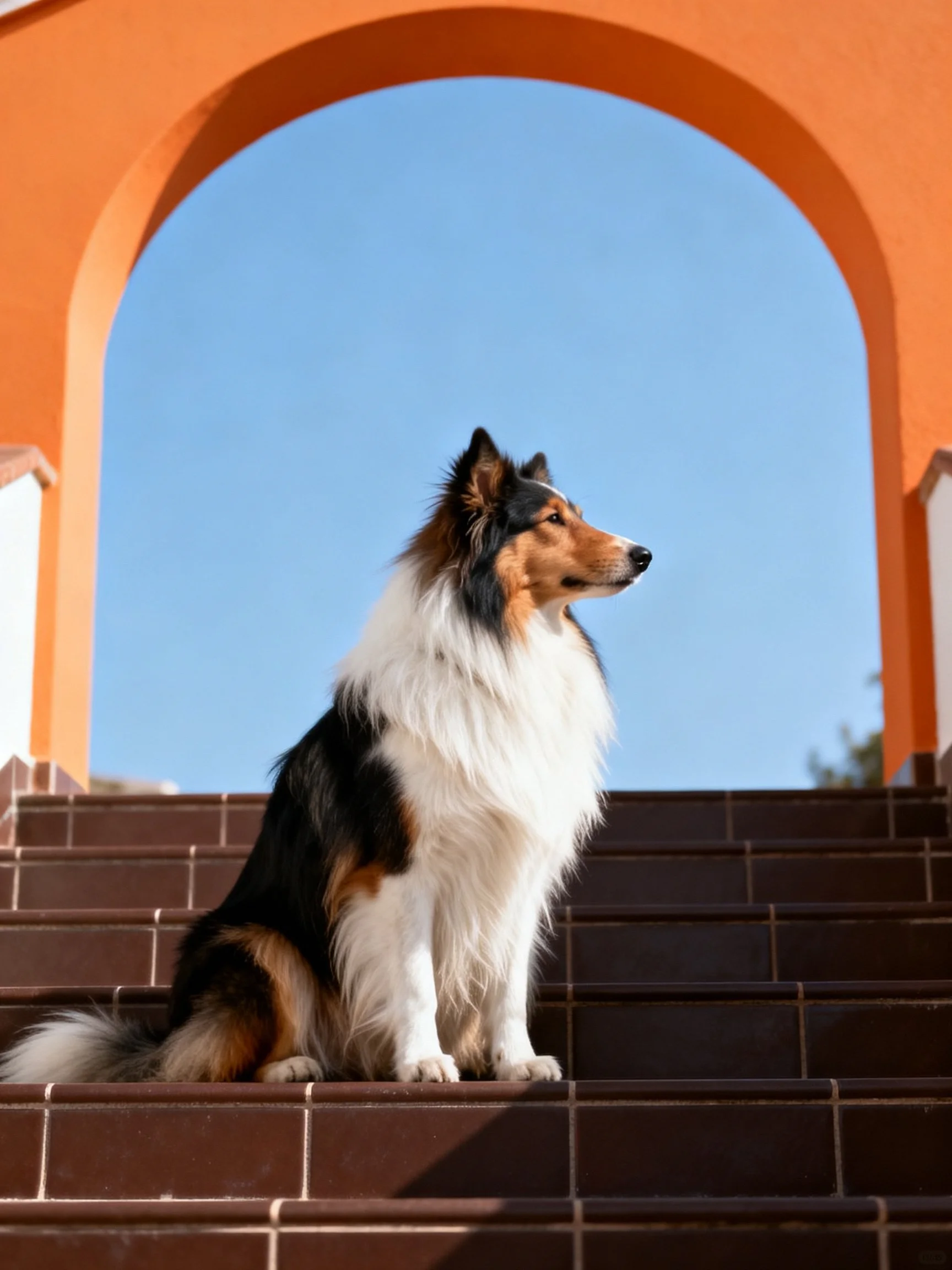 A tricolor collie sits on brown tiled steps beneath an orange arch