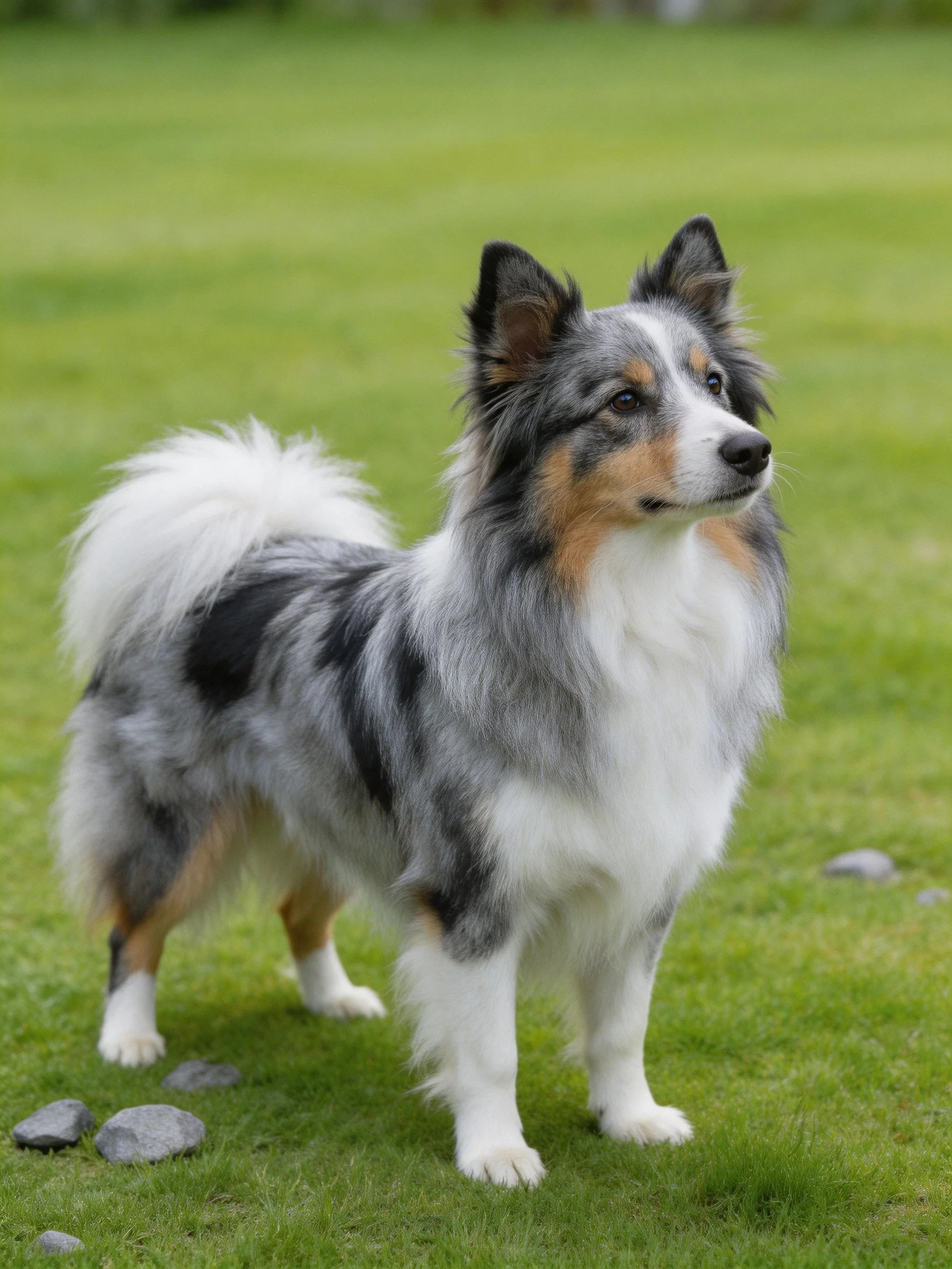 A tricolor collie stands alert on lush green grass