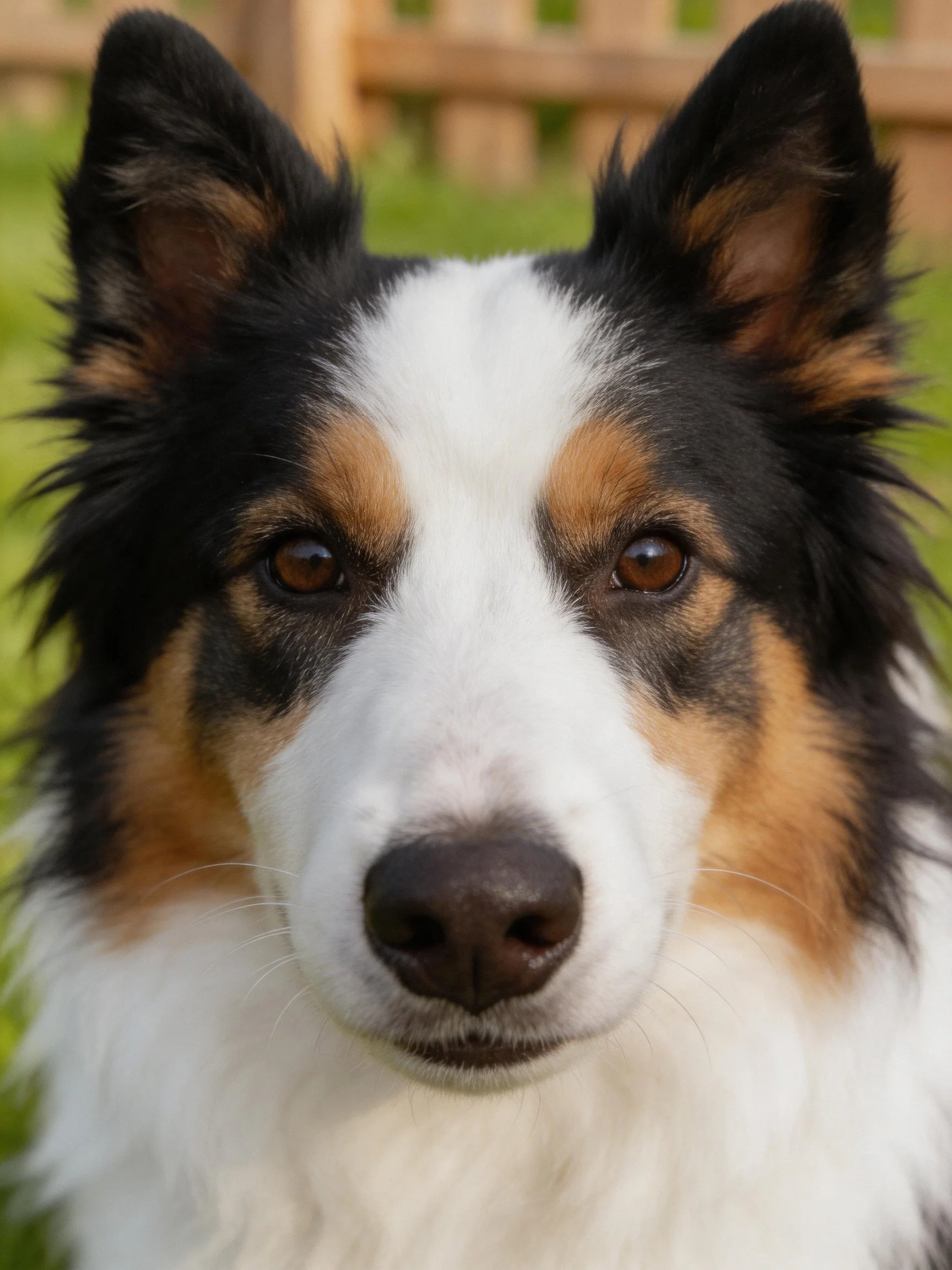 A tricolor collie with black ears, white face, and tan markings