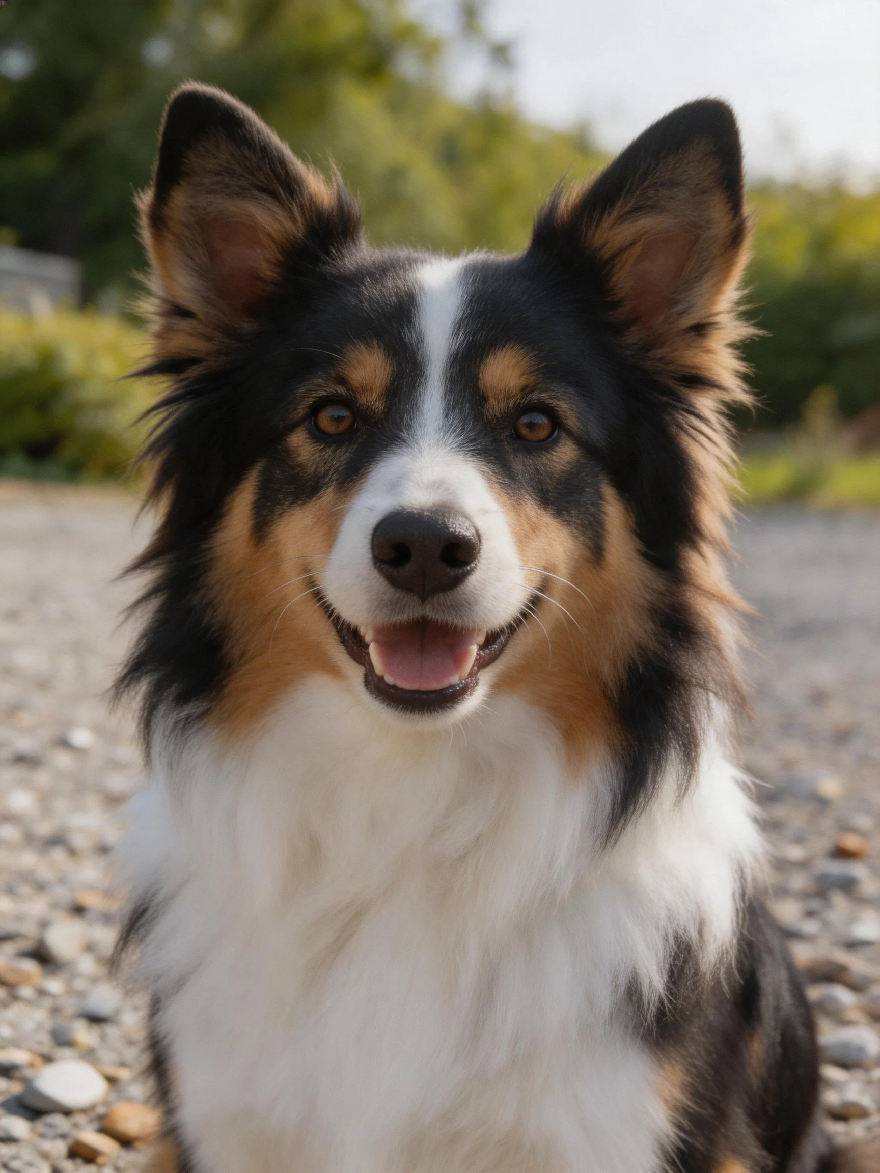 A tricolor collie with black, white, and tan fur sitting on gravel