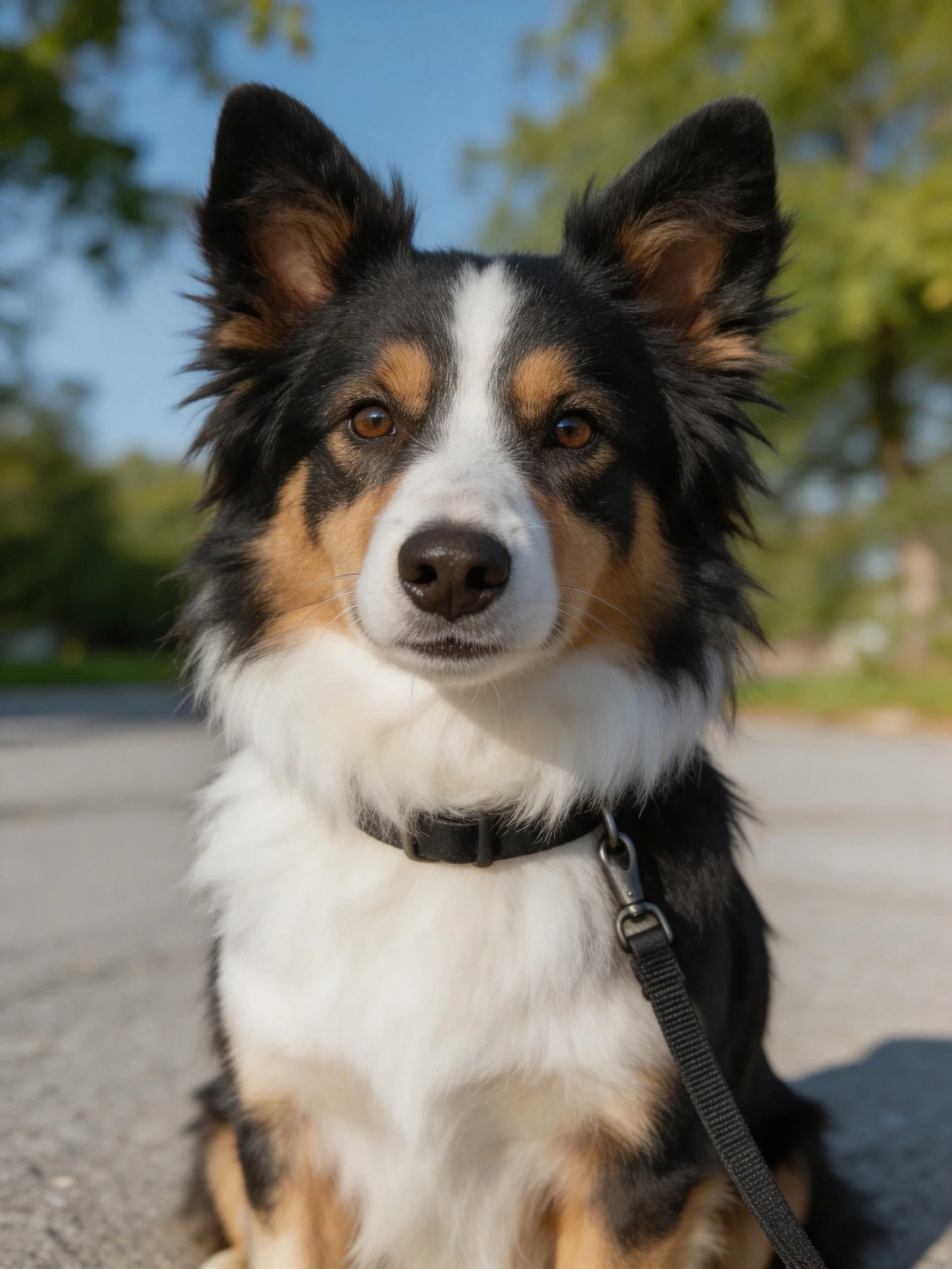 A tricolor collie sits calmly outdoors with a collar and leash.