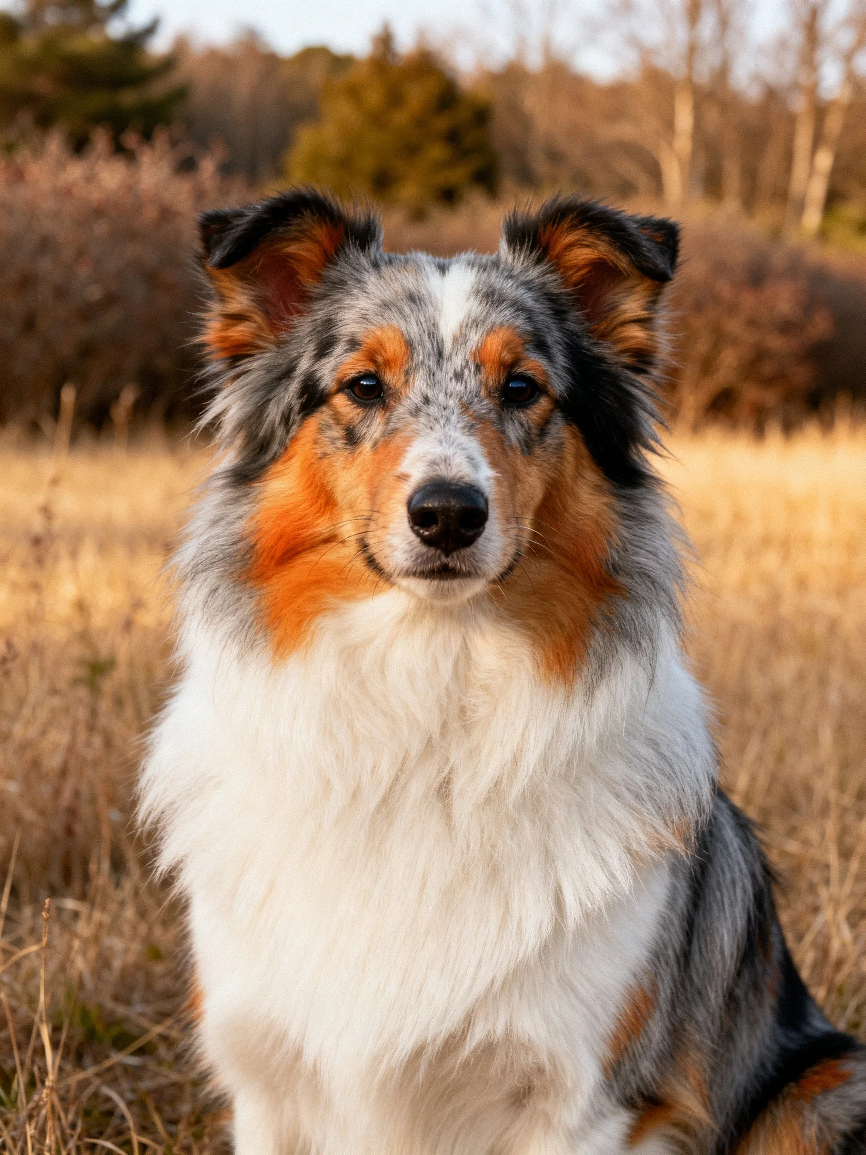 A tricolor collie sits calmly in sunlit grassland.