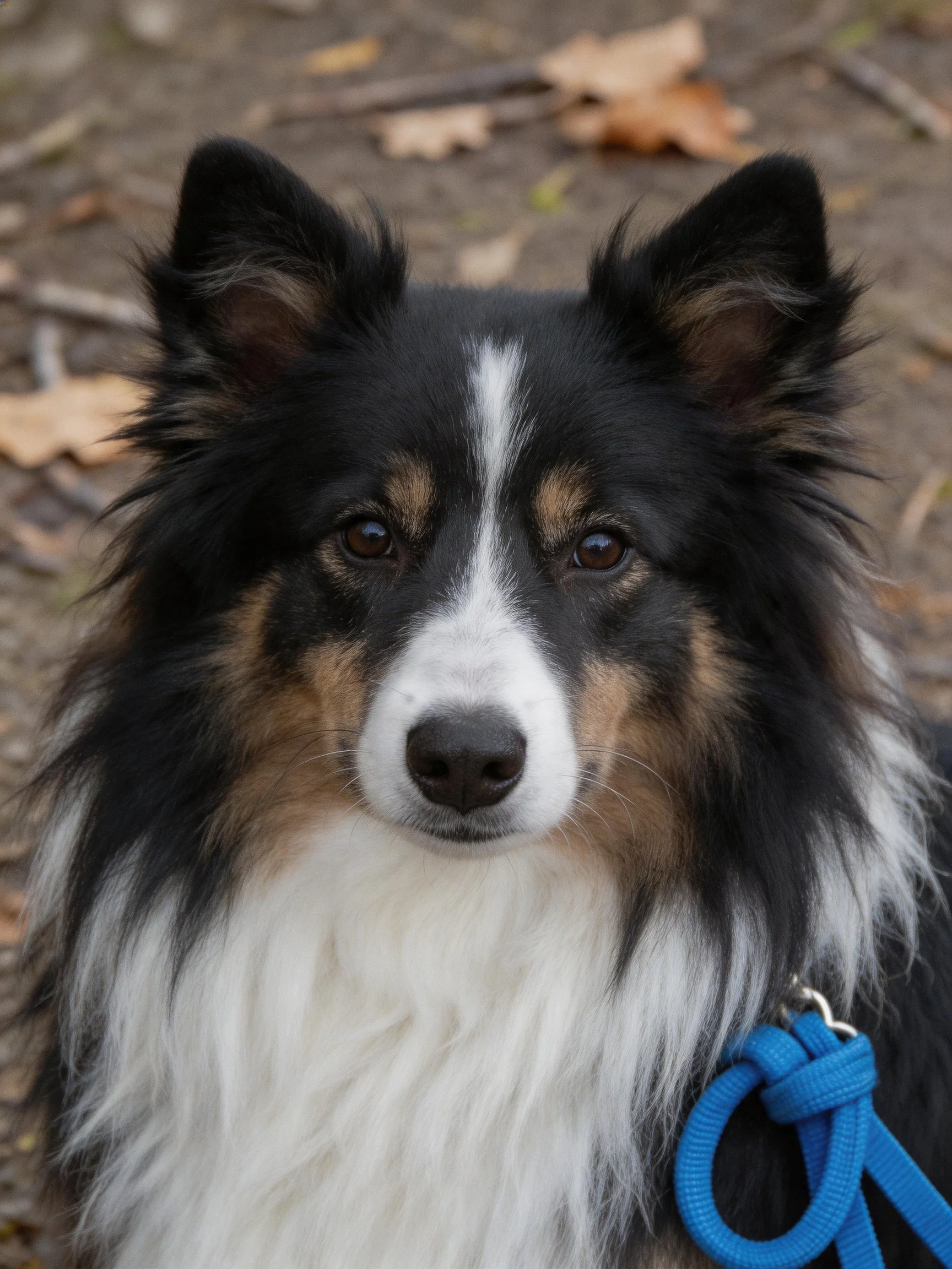 A tricolor collie with long, fluffy fur and a bright blue leash