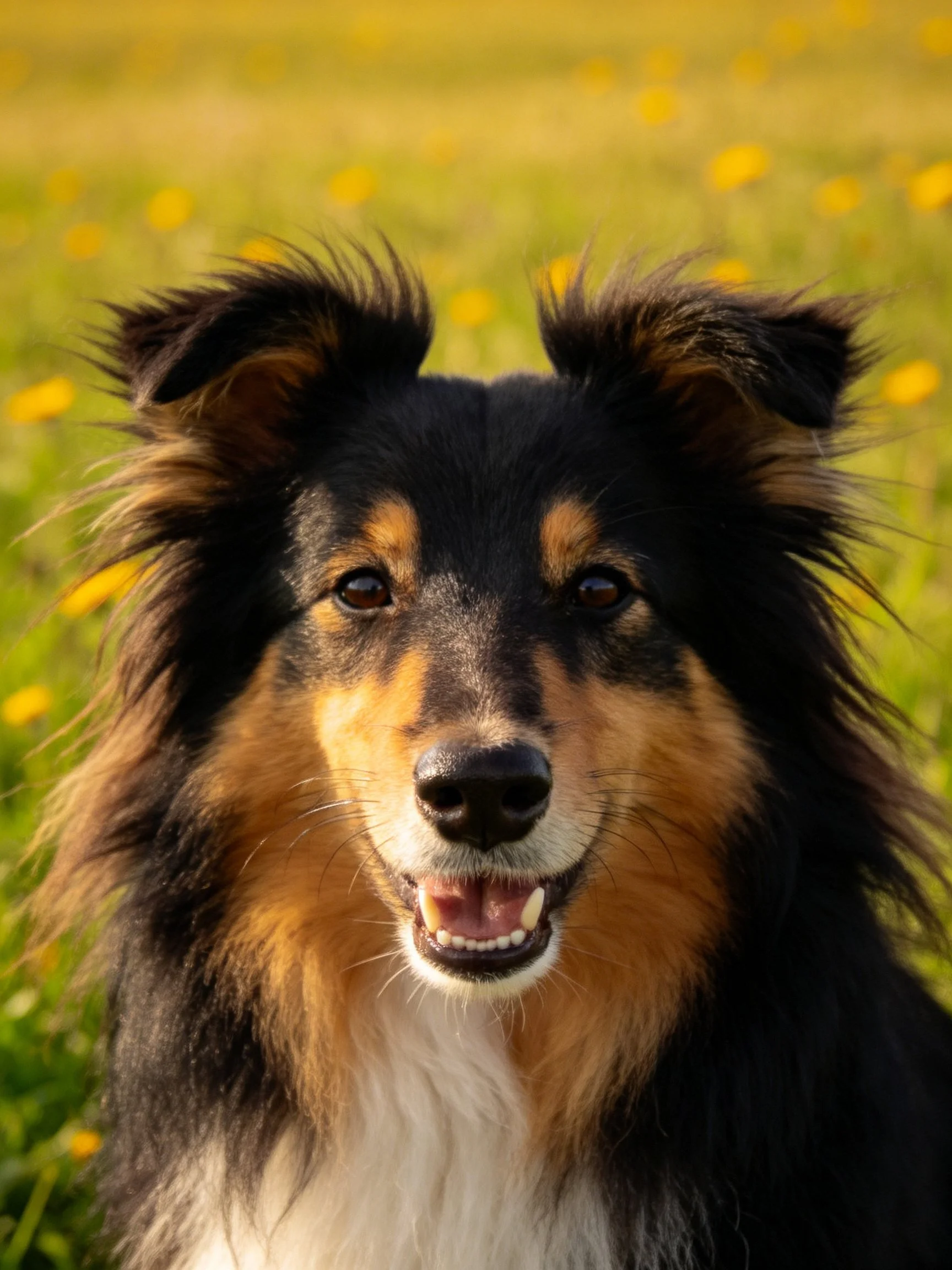 A tricolor collie with long fur in a yellow-flowered meadow